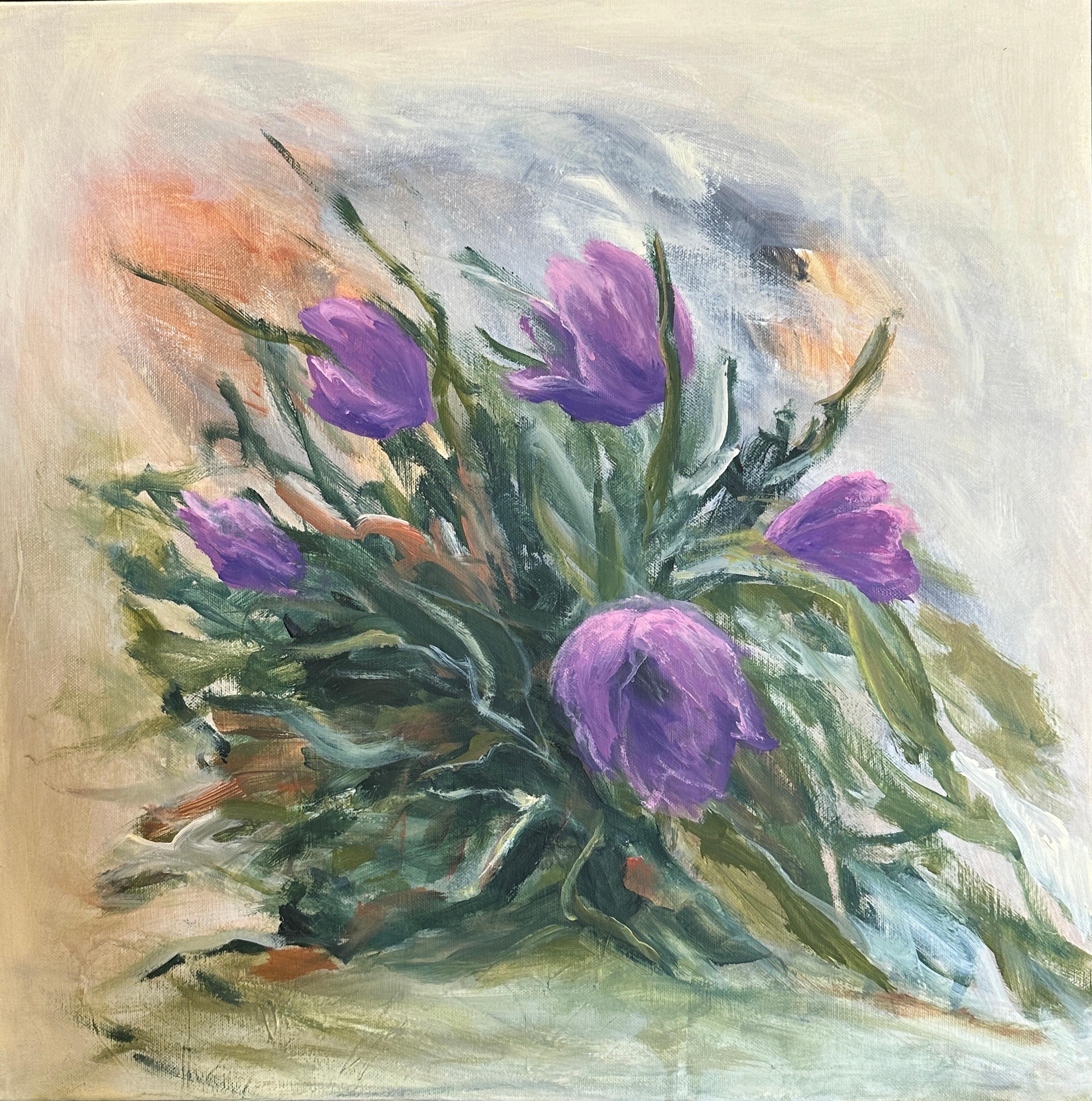Still-Life Painting de Iryna Bondar - Pasqueflower. Floral  Pinturas originales
