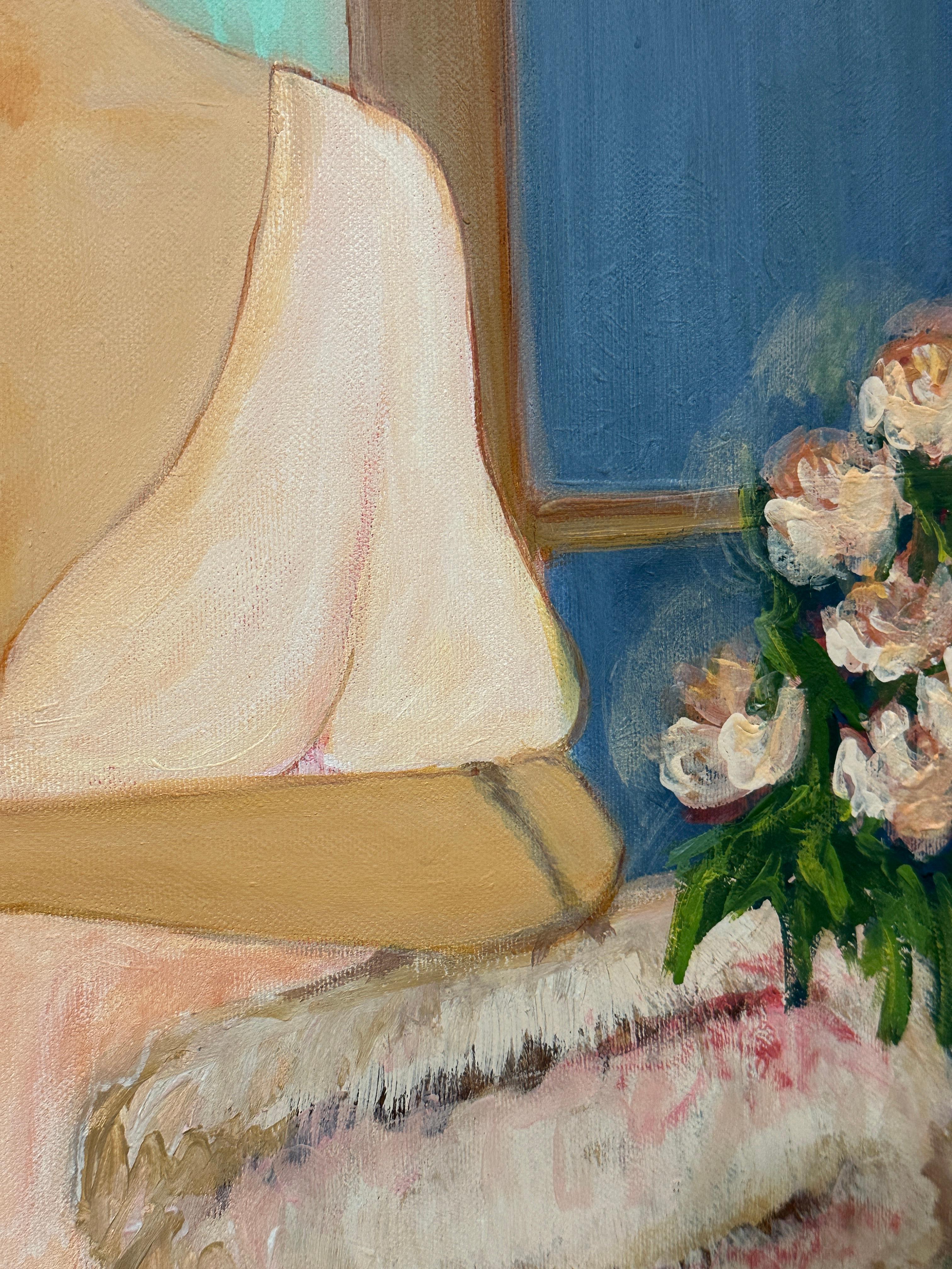 The painting Quiet Joy is an intimate portrait of a moment when the outer world quiets down to make room for inner silence. A young woman stands by a window, holding a handbag filled with flowers. Her arms gently embrace herself in a natural,