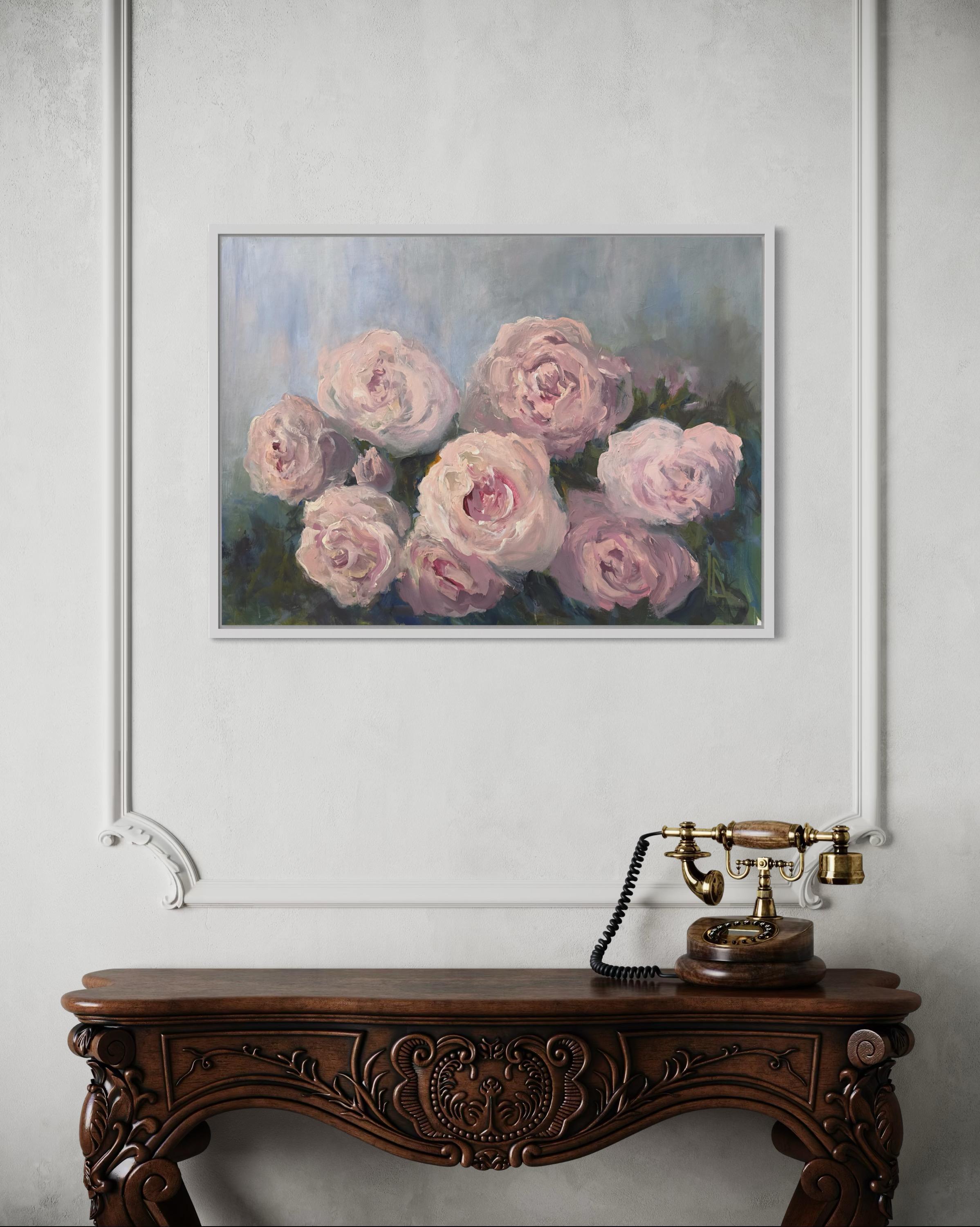 Zartrosa Rosen sind in sanftem Licht dargestellt, als wären sie aus dem Nebel geboren. Ihre Blütenblätter strahlen Wärme aus und bewahren gleichzeitig einen Hauch von Geheimnis. Das Gemälde spiegelt nicht nur die Schönheit der Natur wider, sondern