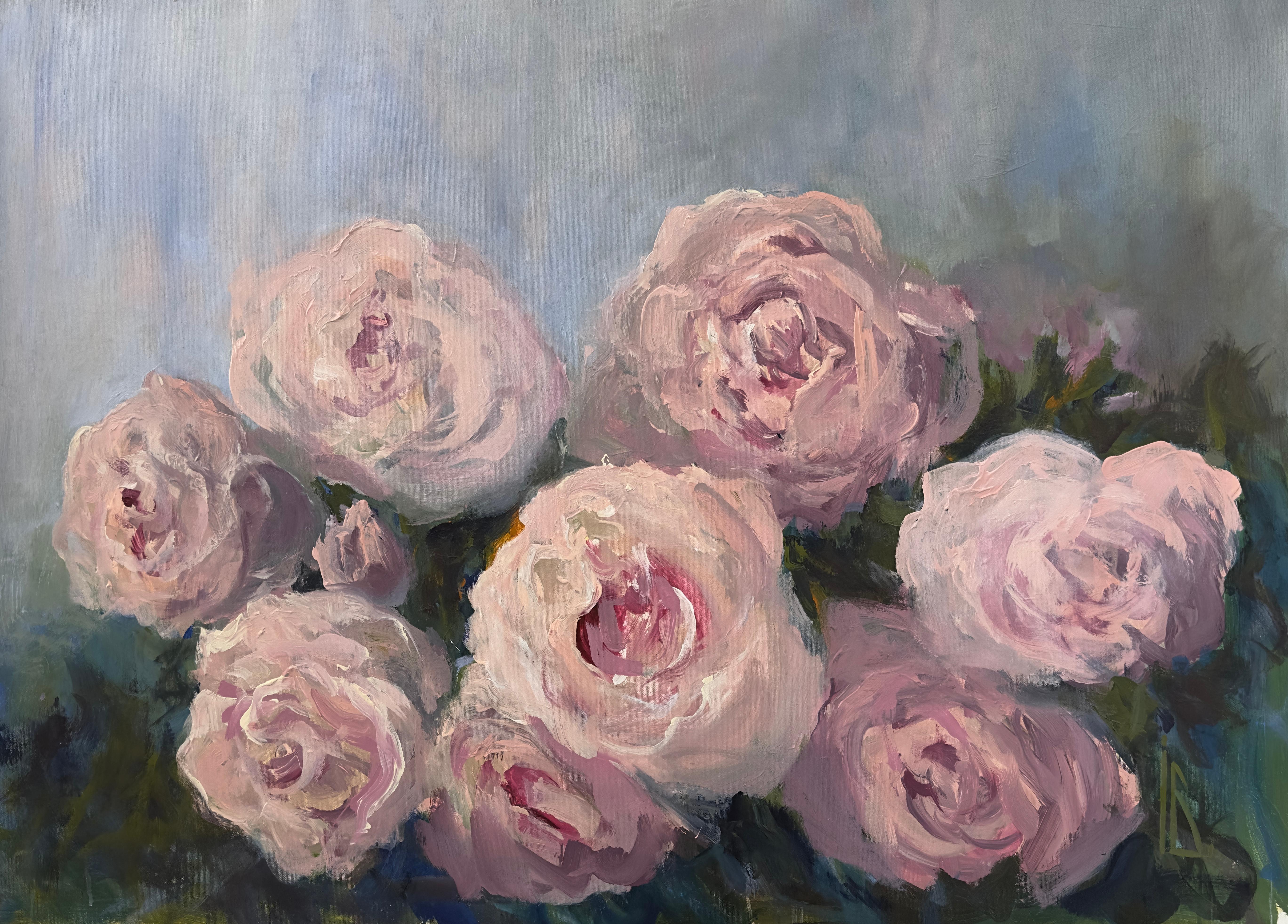 Iryna Bondar Landscape Painting – Rosen aus dem Nebel