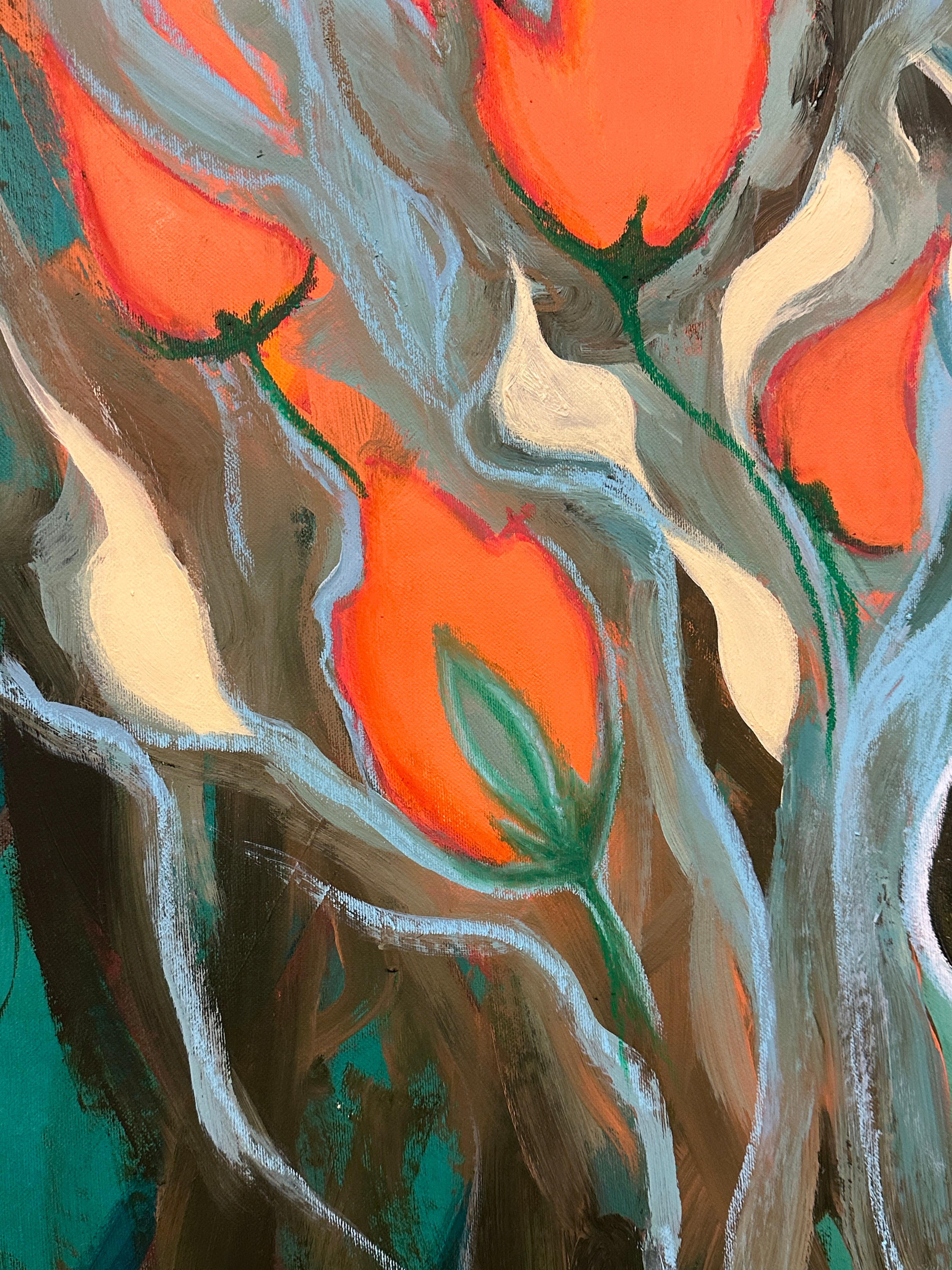 Esta pintura sumerge al espectador en un mundo simbólico de armonía y fuerza, donde la naturaleza y la humanidad existen en unidad. En el centro de la composición se alza una figura femenina que sostiene una jarra, símbolo de la energía vital, la
