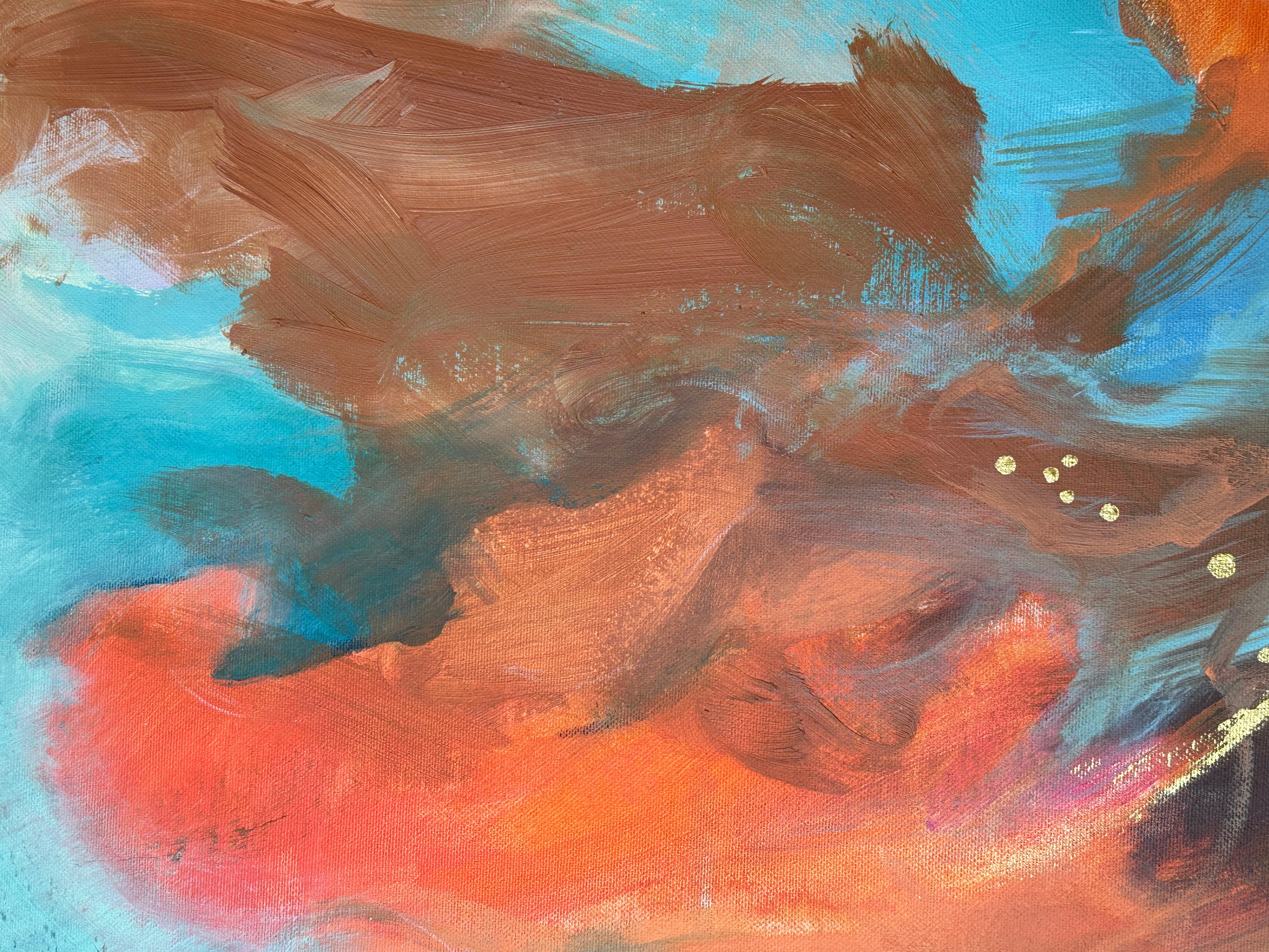 This abstract figurative painting is about that quiet moment inside ourselves. The faceless female figure represents any of us in those times when we just need to pause and simply be. Around her — emotions, movement, warm colors; within — calm.