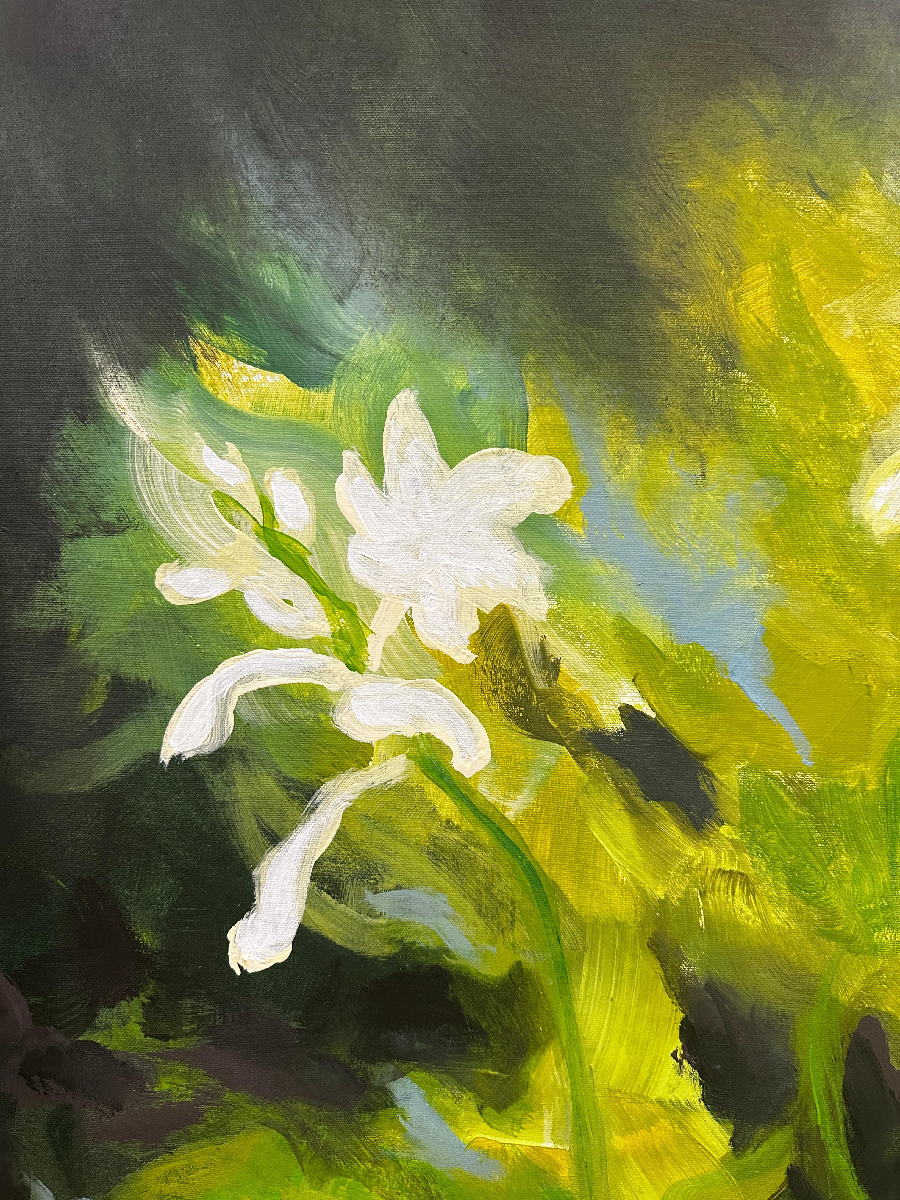 White Drops on Emerald - Green Landscape Painting by Iryna Bondar