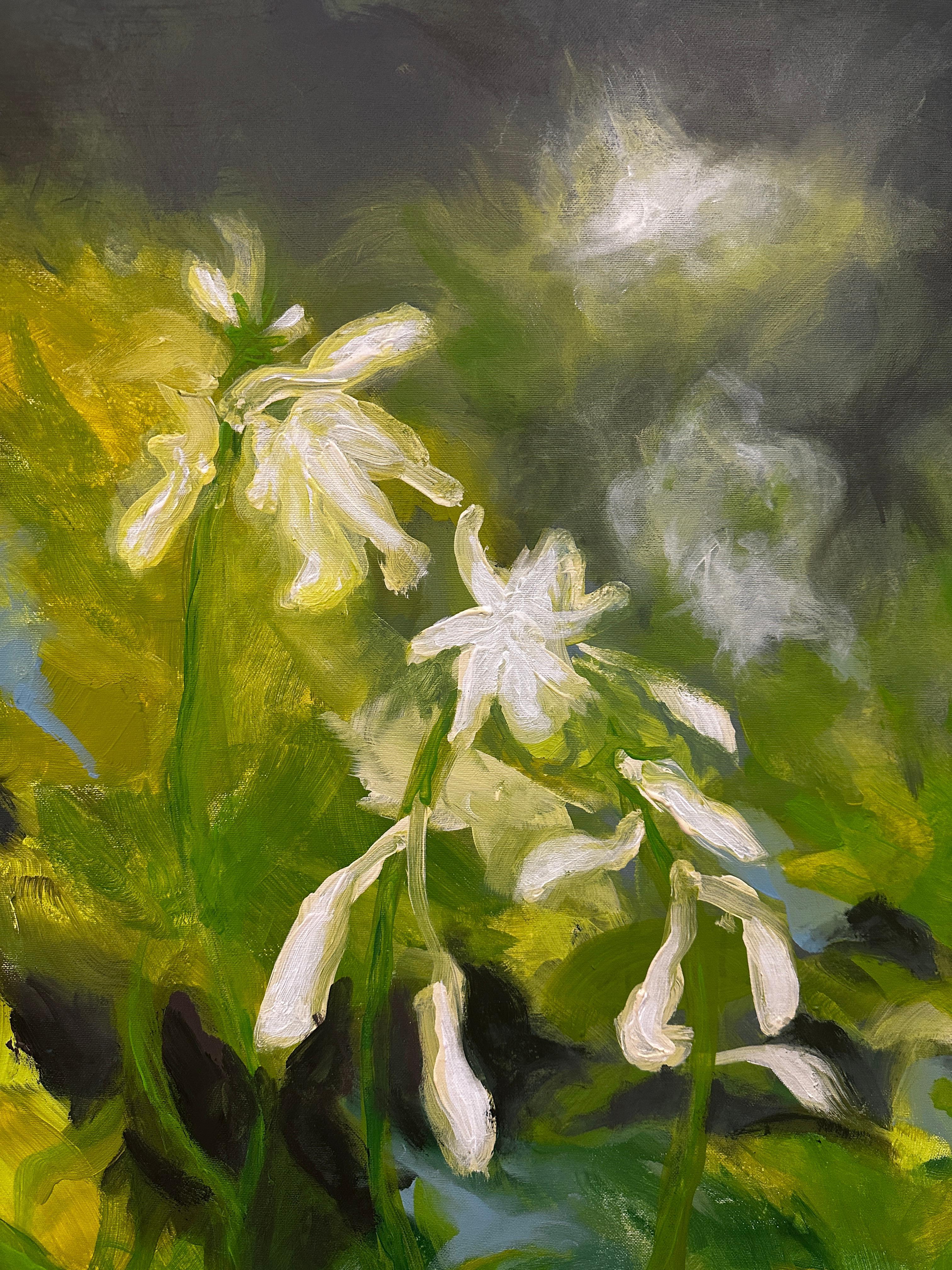 White Drops on Emerald is a contemplation of nature’s fragile beauty. The daylilies appear as luminous accents against a deep green background. Their delicate glow evokes harmony, lightness, and purity. The painting fills the space with light and