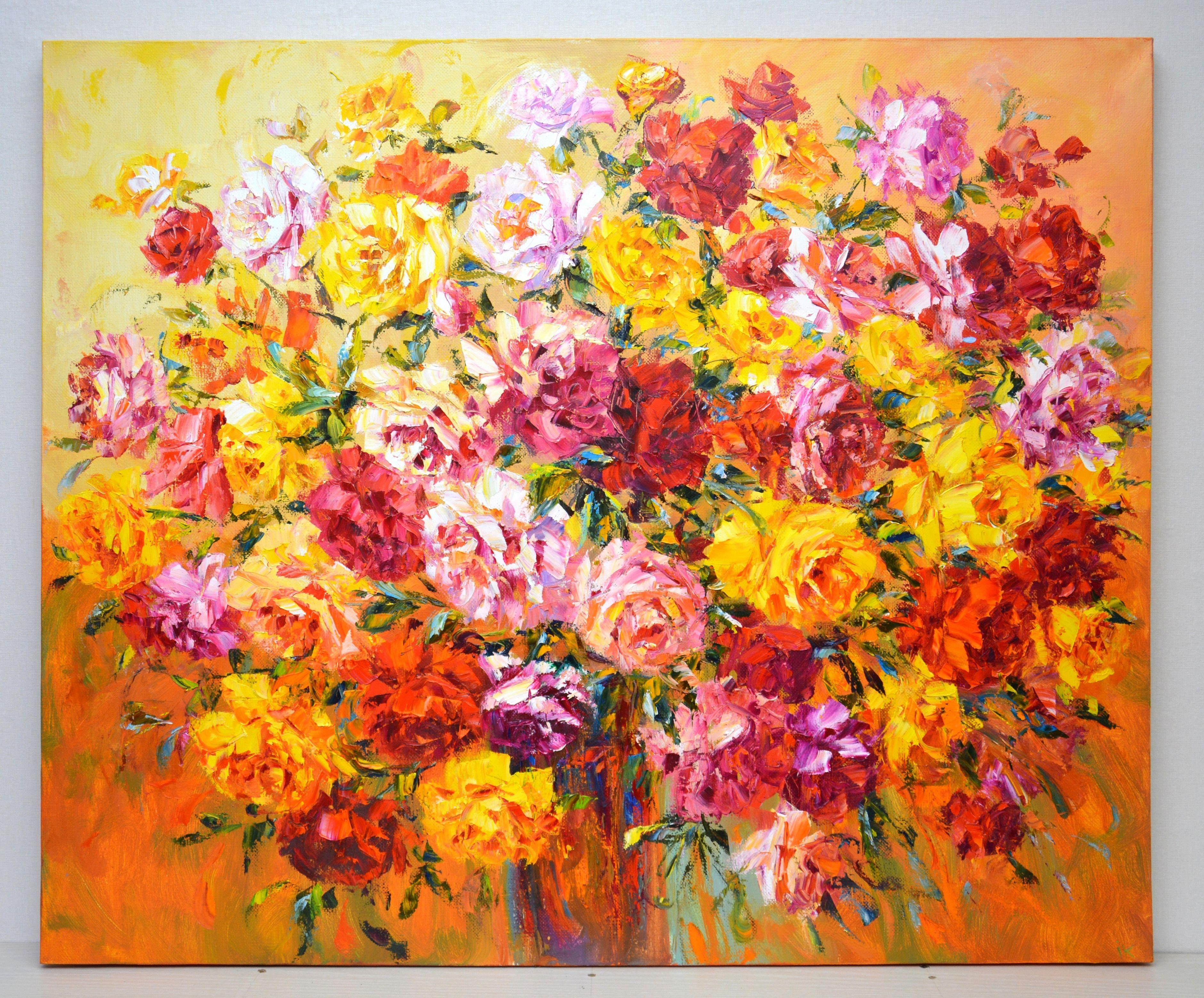 Un gran ramo de rosas, Pintura, Óleo sobre lienzo - Painting Impresionista de Iryna Kastsova