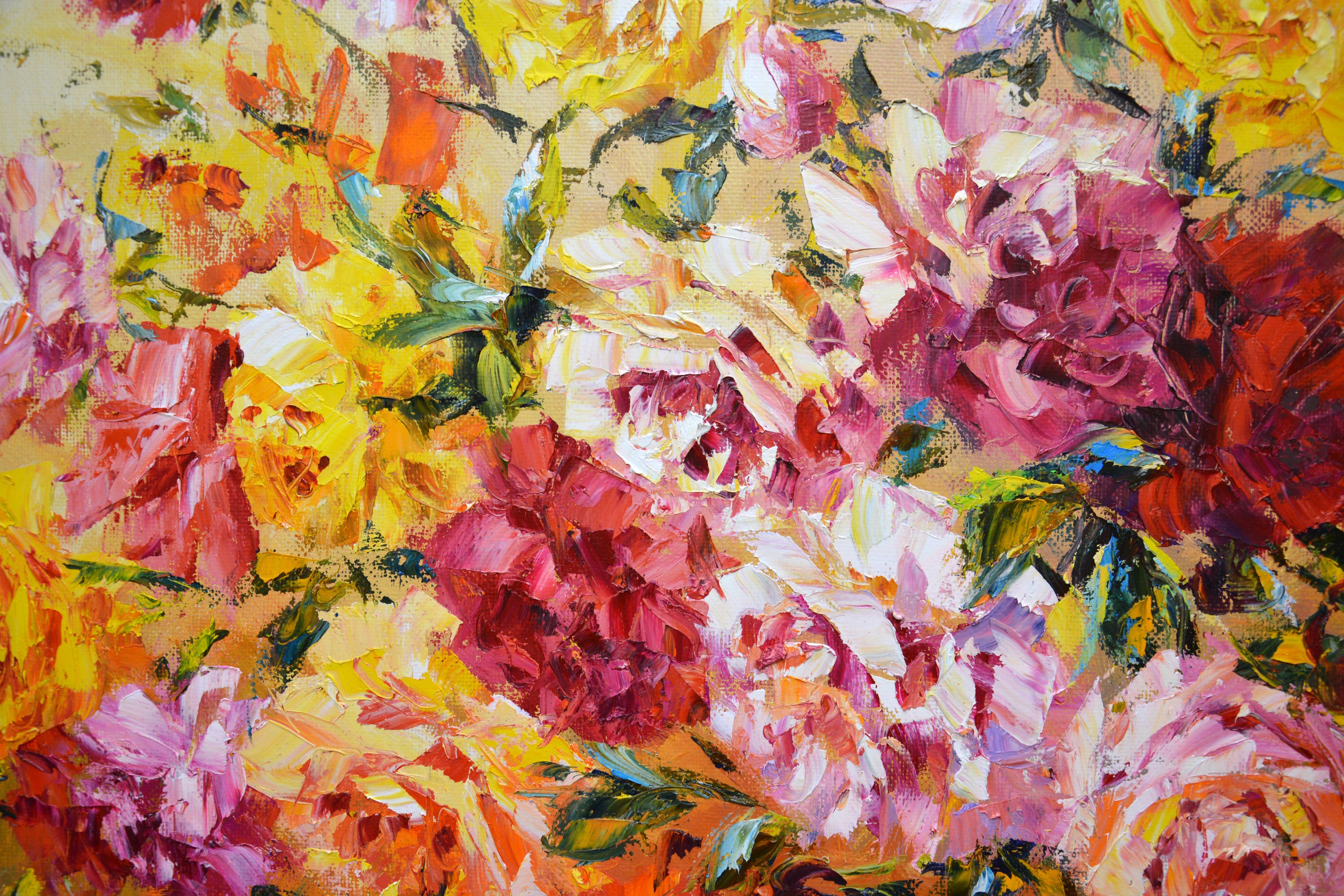 Un gran ramo de rosas. Todos los veranos mi madre tiene muchas flores diferentes de rosas y otras flores en el pueblo. Es muy hermoso, edificante e inspirador. Hago algunos pequeños trabajos y luego utilizo este material para crear una pintura al