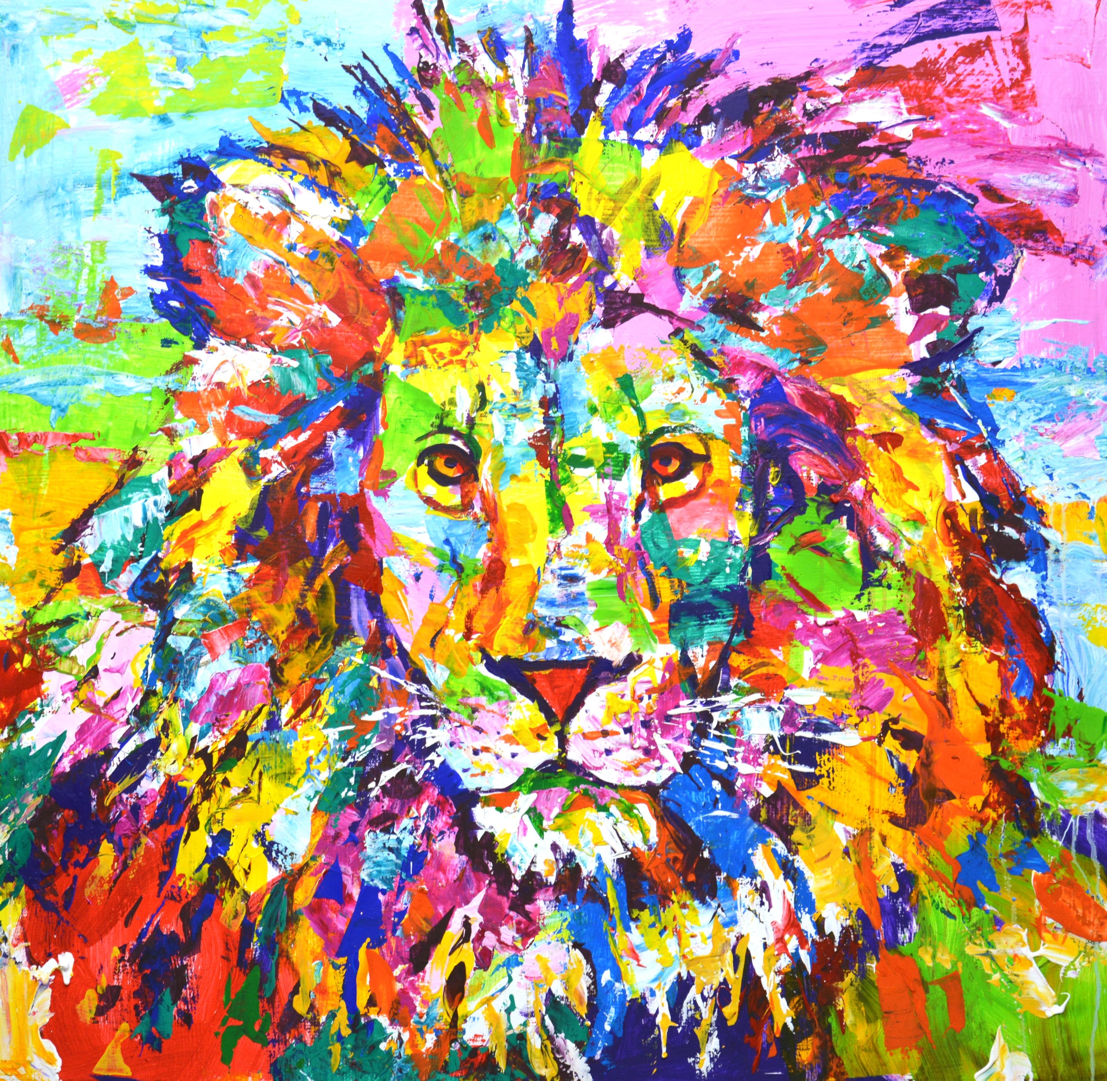 Un leone - Ritratto animale colorato Pop Art Pittura acrilica per interni