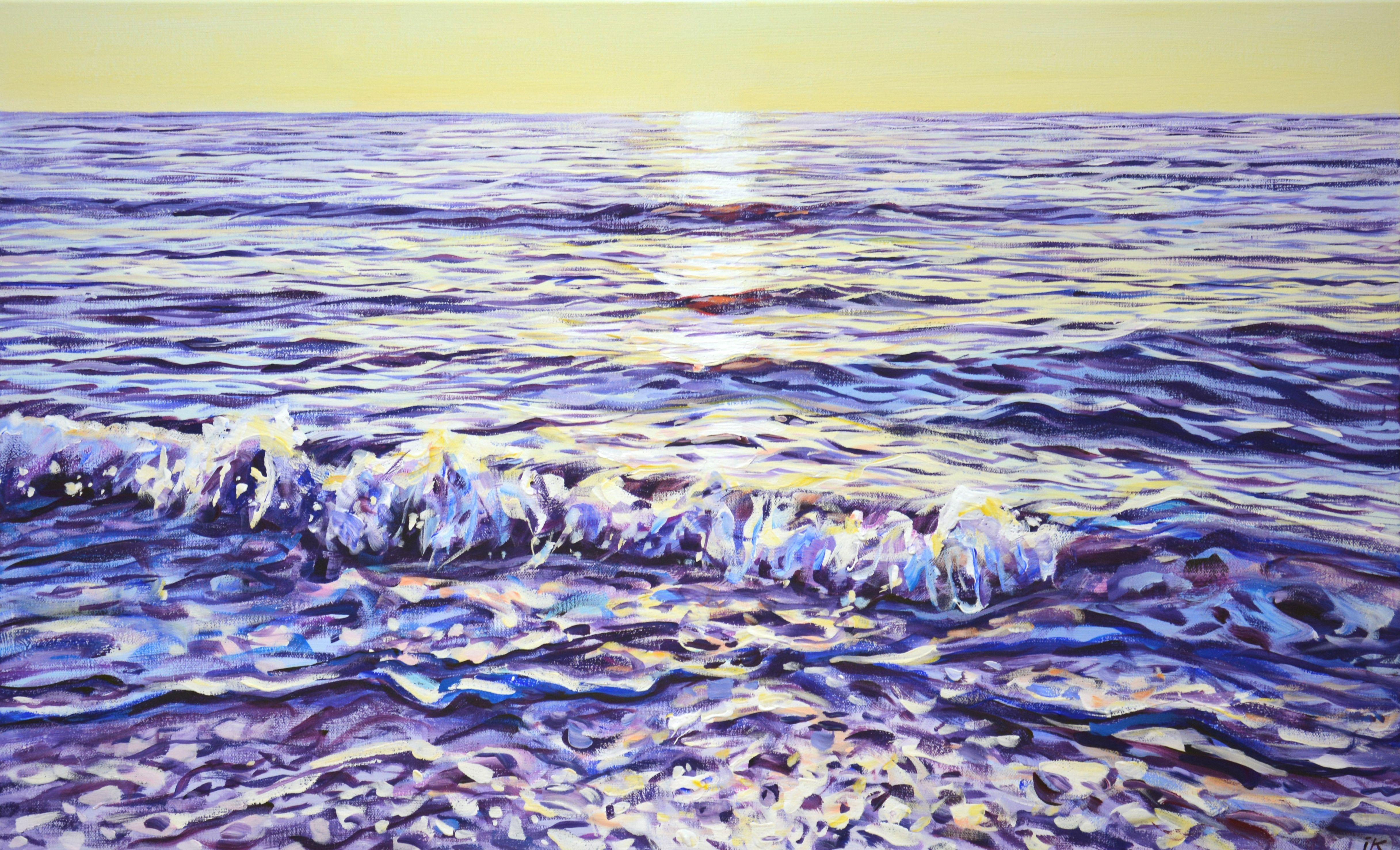 A magical sunrise at the sea, the sound of coastal waves, sea foam, the reflection of the sun in the water, the sky, inspired me to create this picture. The atmosphere of relaxation, romance. Made in the style of realism, silvery purple, light