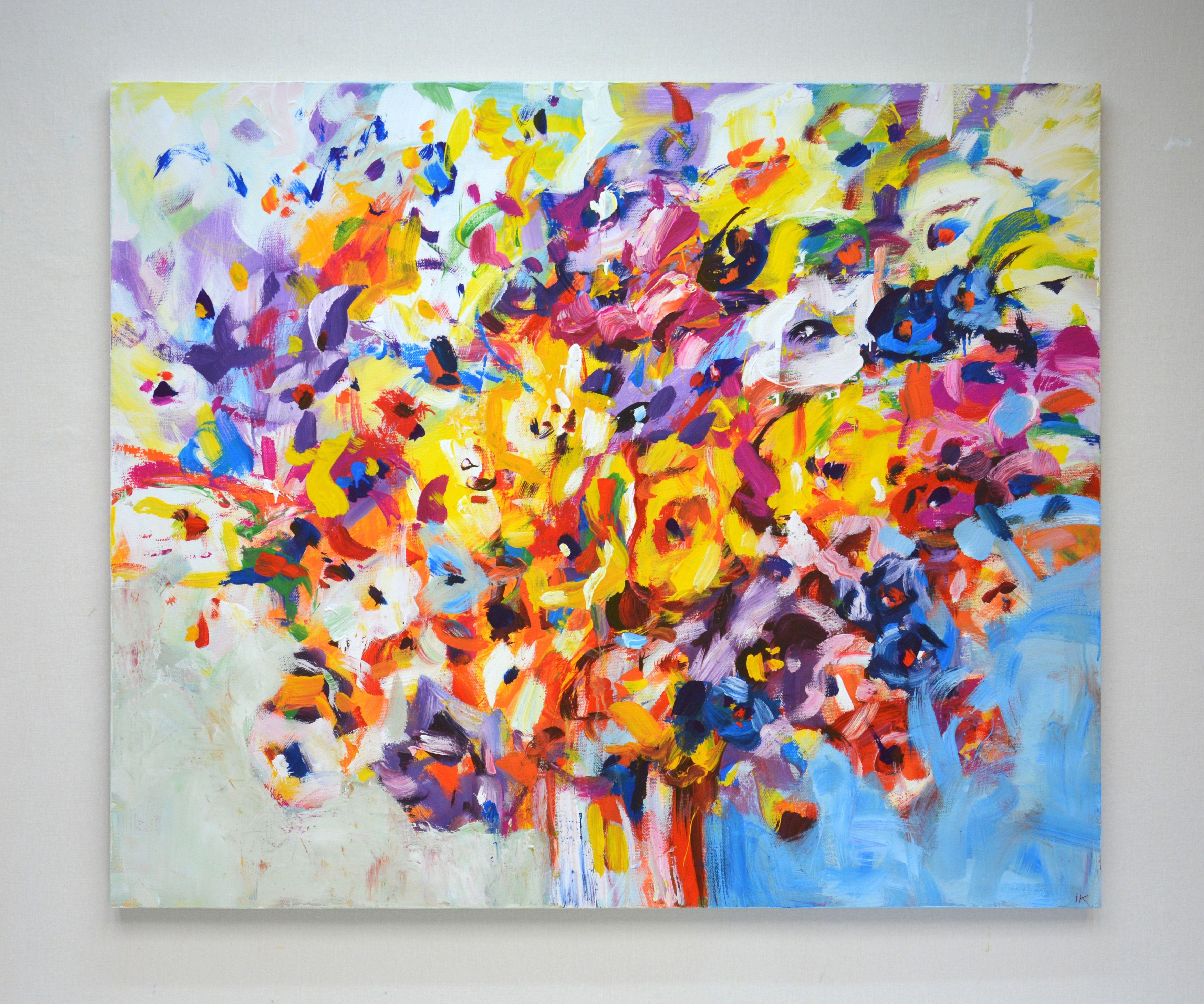 Abstract bouquet. Modern On the palette, light tones of yellow, pink, white, blue, violet of a certain shape are vigorously mixed, scattered on the canvas with a spatula and a brush. Painting is a way to show the wonders of different sides of