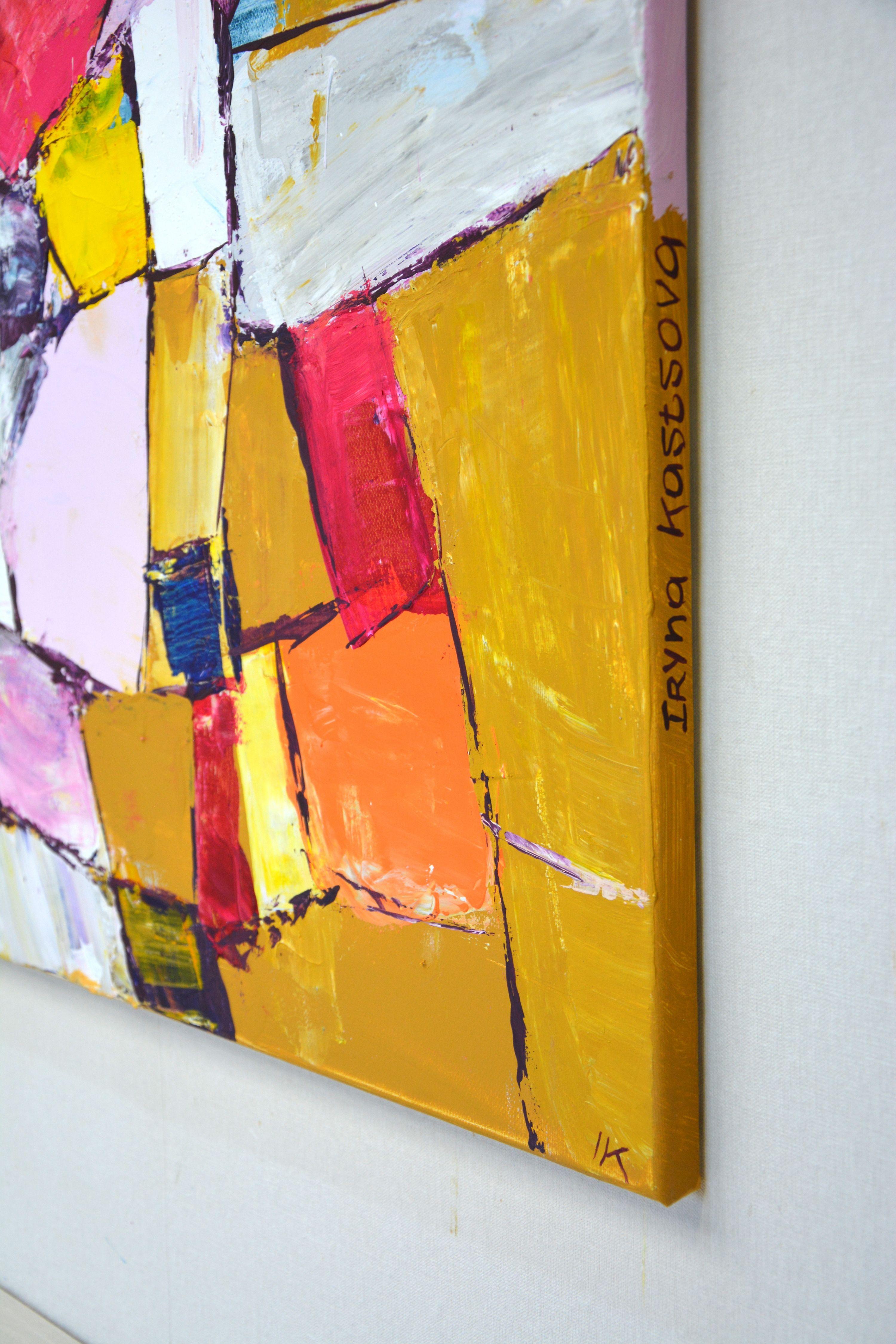 Abstraction 105. Modernist abstract painting with overlapping geometric shapes in a vibrant palette of red, yellow, orange, white. There is a delicate balance in the painting between an ordered geometric structure and a free, spontaneous application