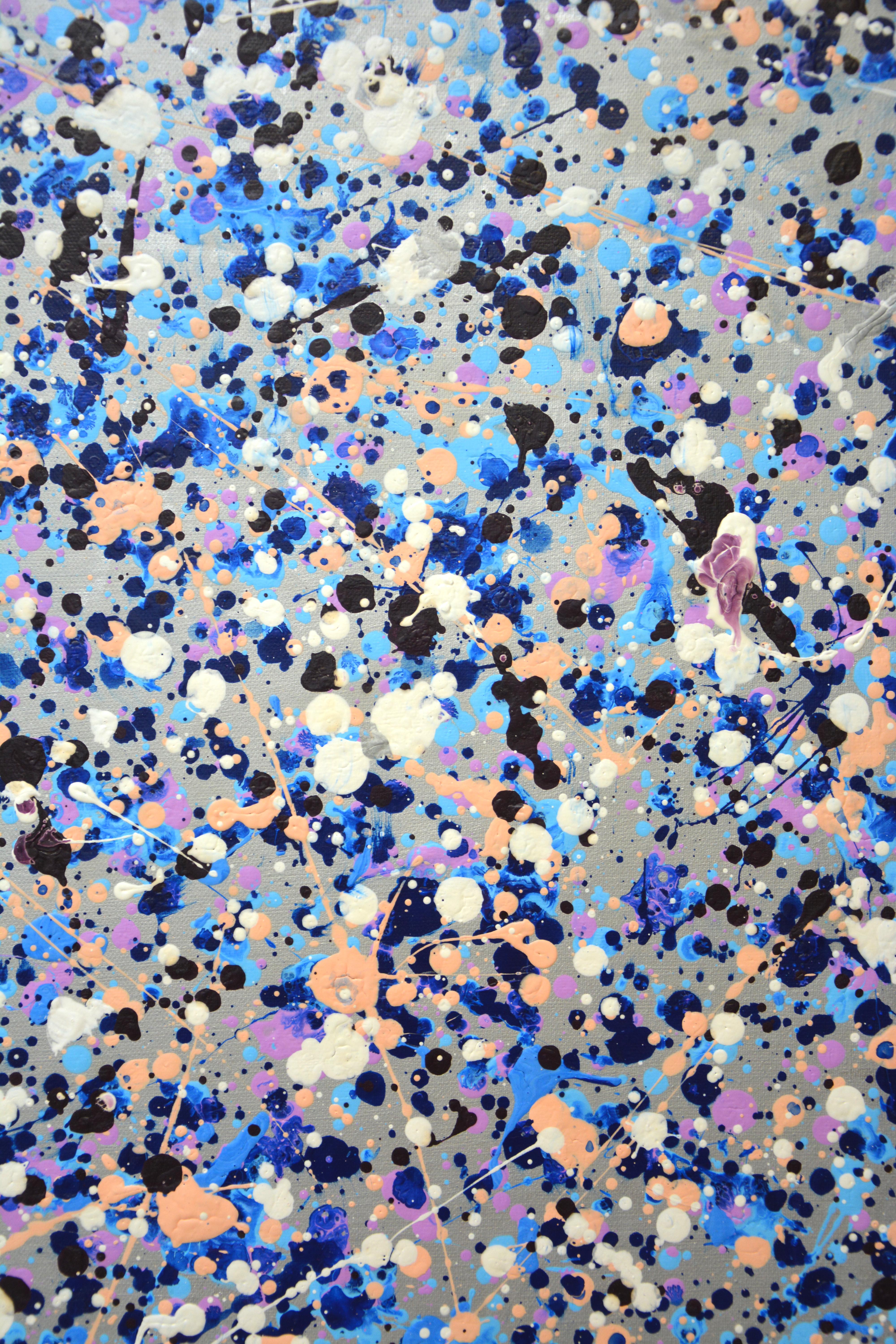 Abstraction 22. A modern expressive abstract painting created by drops and splashes of paint that sparkles and shimmers! The colors are superimposed on each other and also correspond to different points. There are many blue, white, pink drops on a
