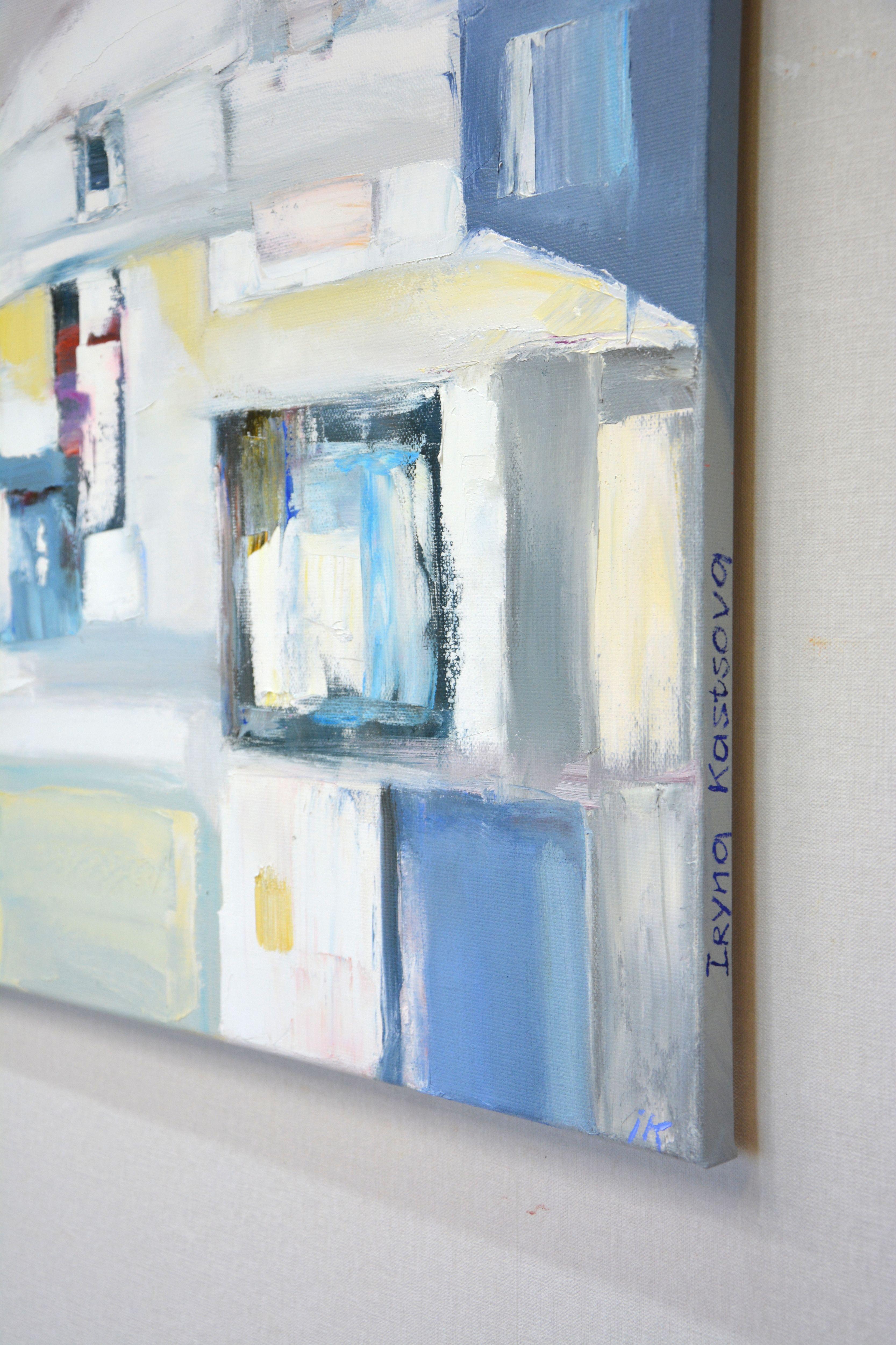 Pittura astratta. I colori chiari di giallo, grigio e bianco, rosa, blu di una certa forma, sparsi sulla tela con una spatola, vengono mescolati vigorosamente sulla tavolozza. Dipingere è un modo per mostrare le meraviglie dei diversi aspetti
