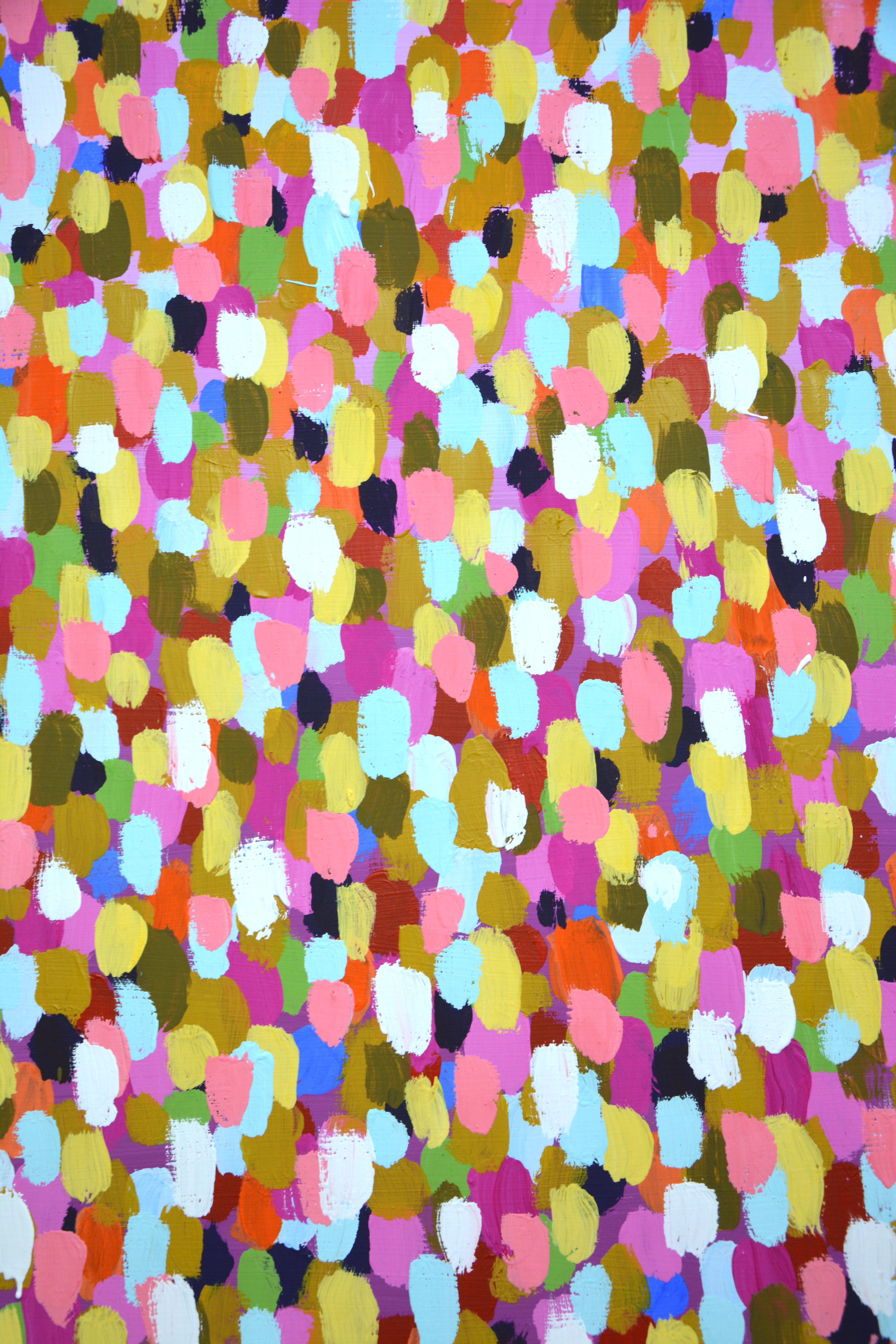 Livré dans un tube. 
Méditation sur l'abondance. Pointillisme. Une peinture abstraite moderne créée à l'aide de coups de pinceau, étincelante et chatoyante ! Plusieurs gouttes colorées, bleu, jaune, vert, rouge, rose, blanc sur un fond sombre.
Le