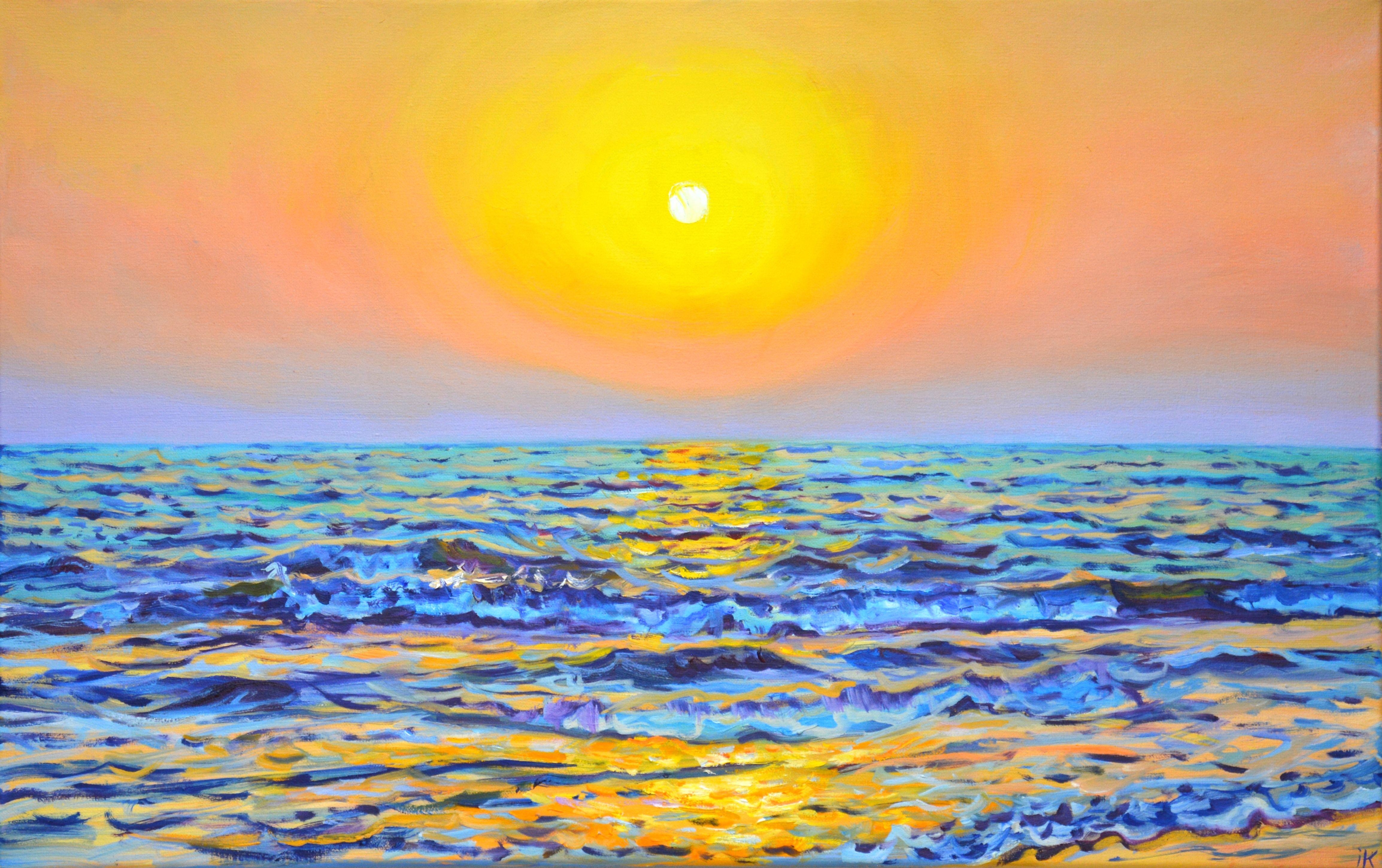 A gentle sunset over the water, the sound of coastal waves, sea foam, the reflection of the sun in the water, the sky at sunset inspired me to create this picture. Reported: positive attitude, lightness of being. Ocean sunset, picturesque sky, light