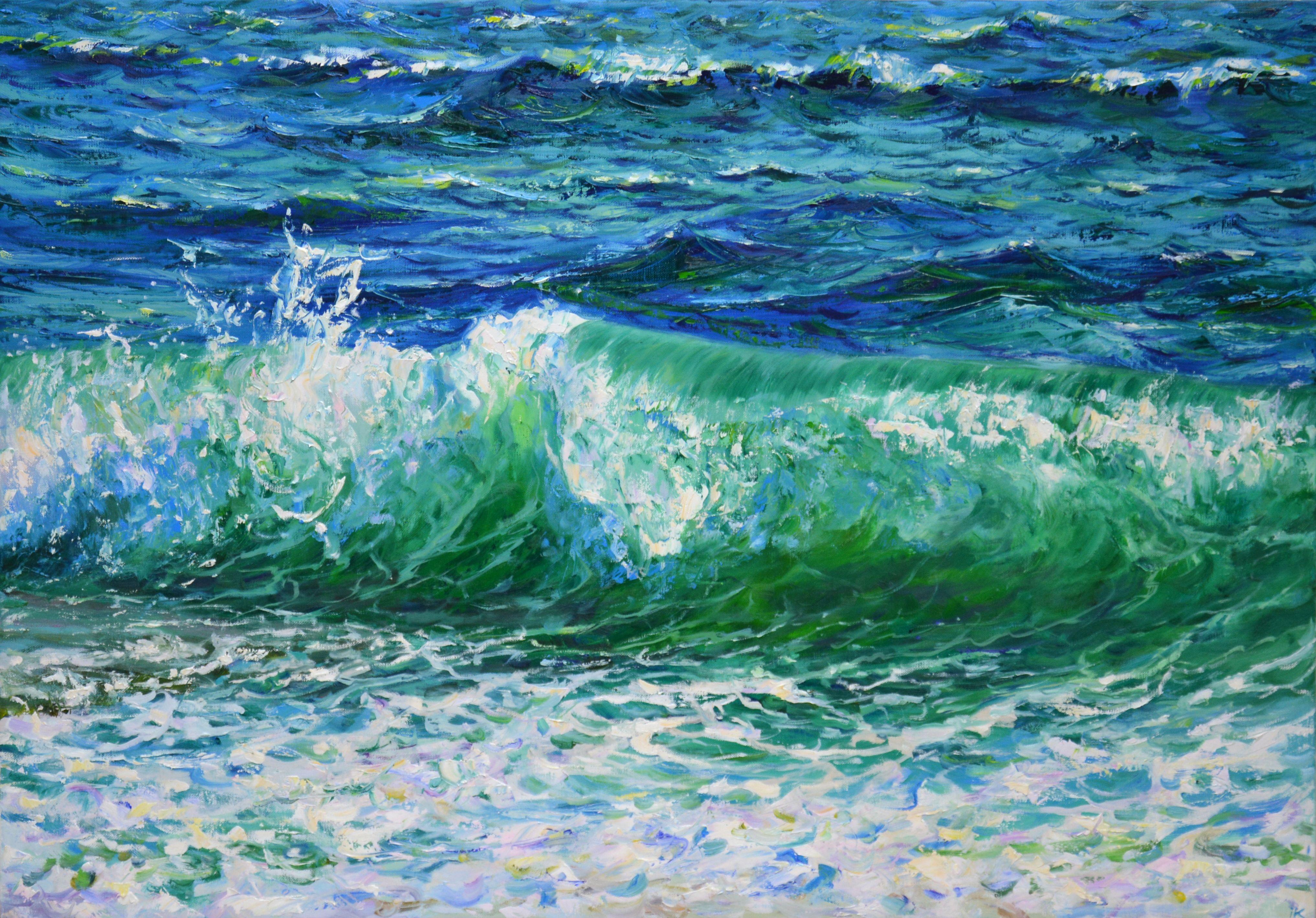 The waves gently fall with a light sea breeze. Bright daylight reflects off the rolling waves, creating an almost abstract composition. A rigid palette of knives and a rich palette of blue, green and white reflect the movement of water and the warm