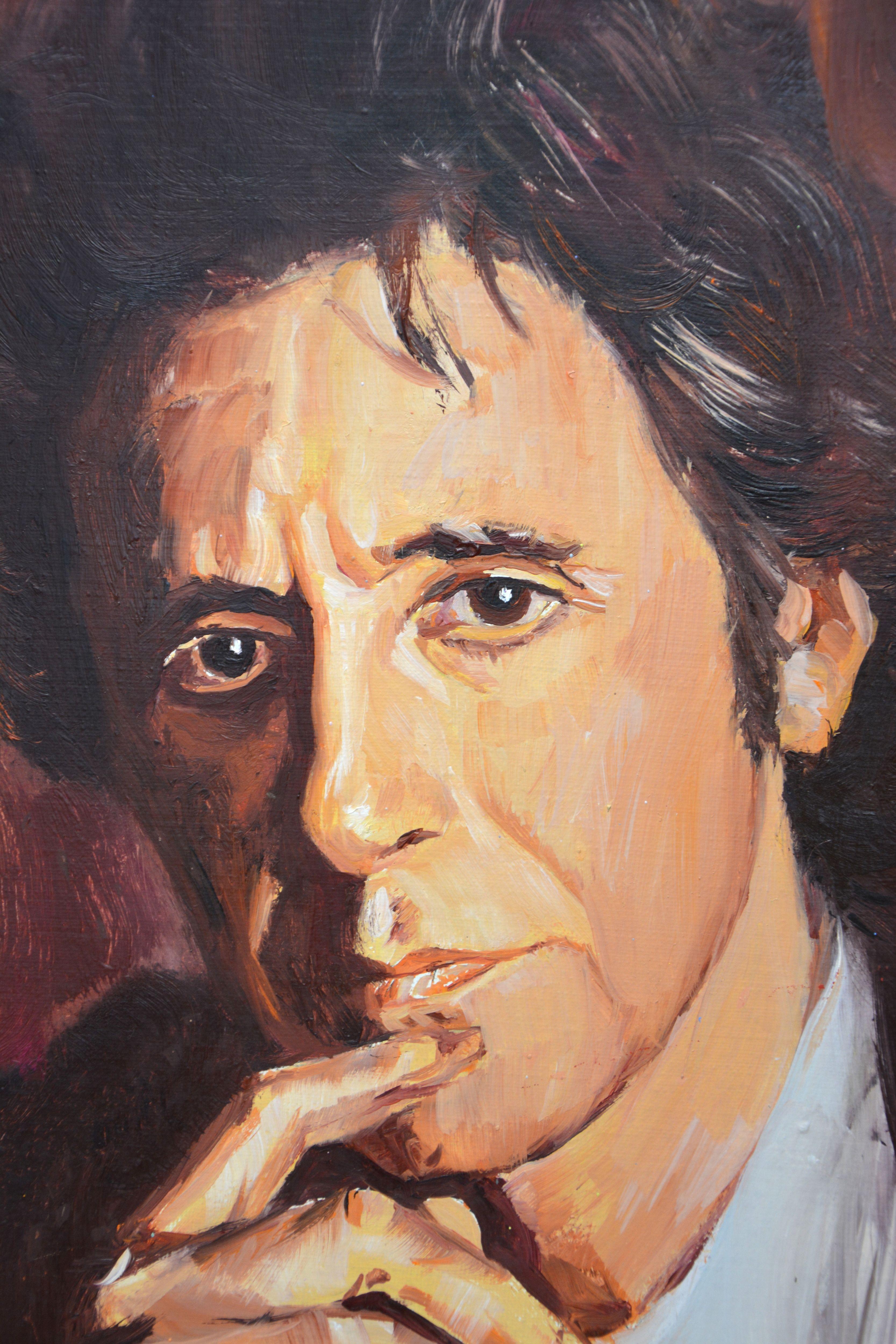 Al Pacino is an American actor, director, and screenwriter. The portrait is painted in oil on linen canvas. Realism. It is varnished, the sides are painted in the color of the painting, ready to hang, the certificate of authenticity is signed. ::