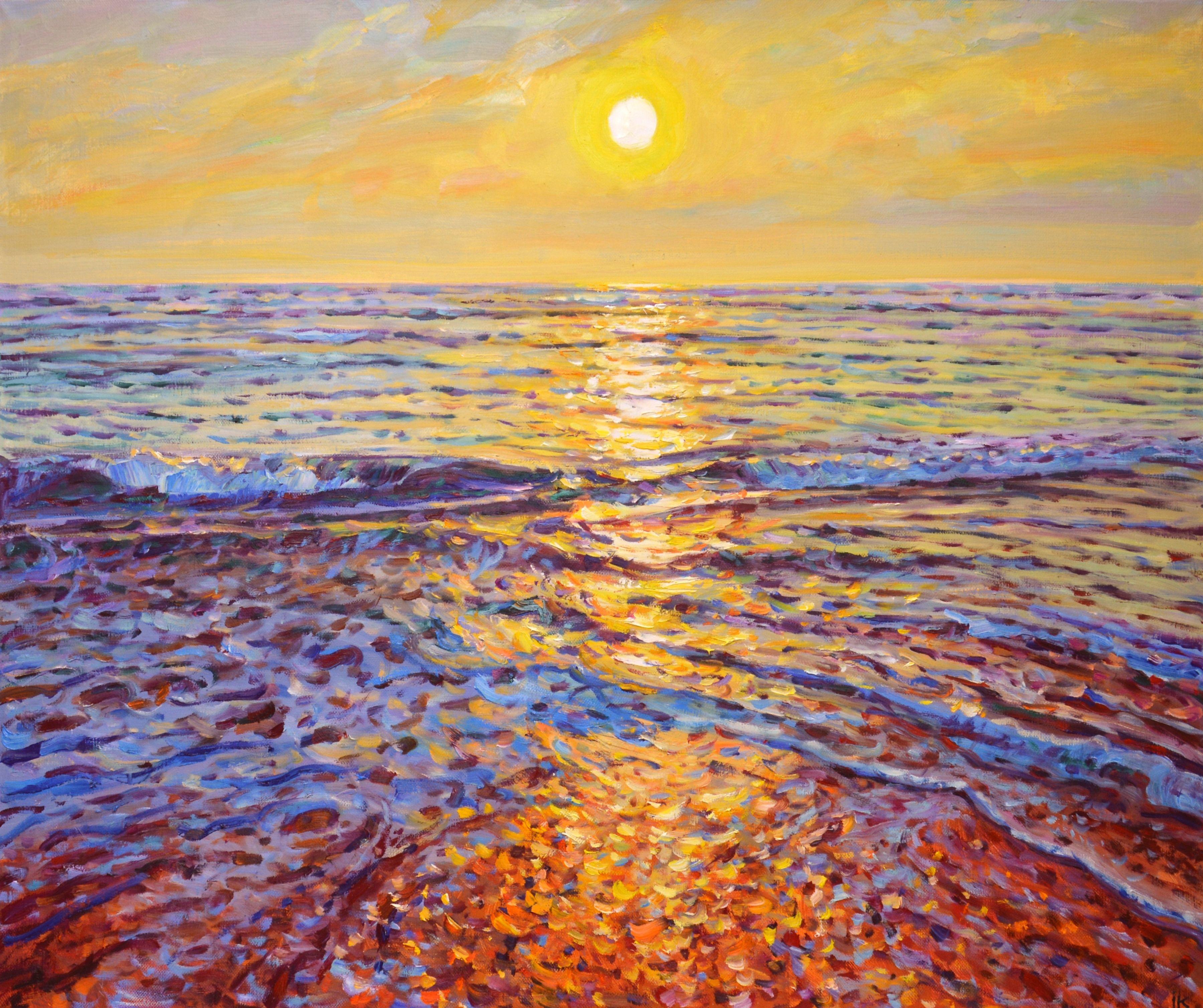 Sea sunset, light waves, reflection of the sun in water, glare on warm sand and pieces of amber. Oil painting on linen canvas, in the style of impressionism. It is varnished. Ready for suspension. :: Painting :: Impressionist :: This piece comes