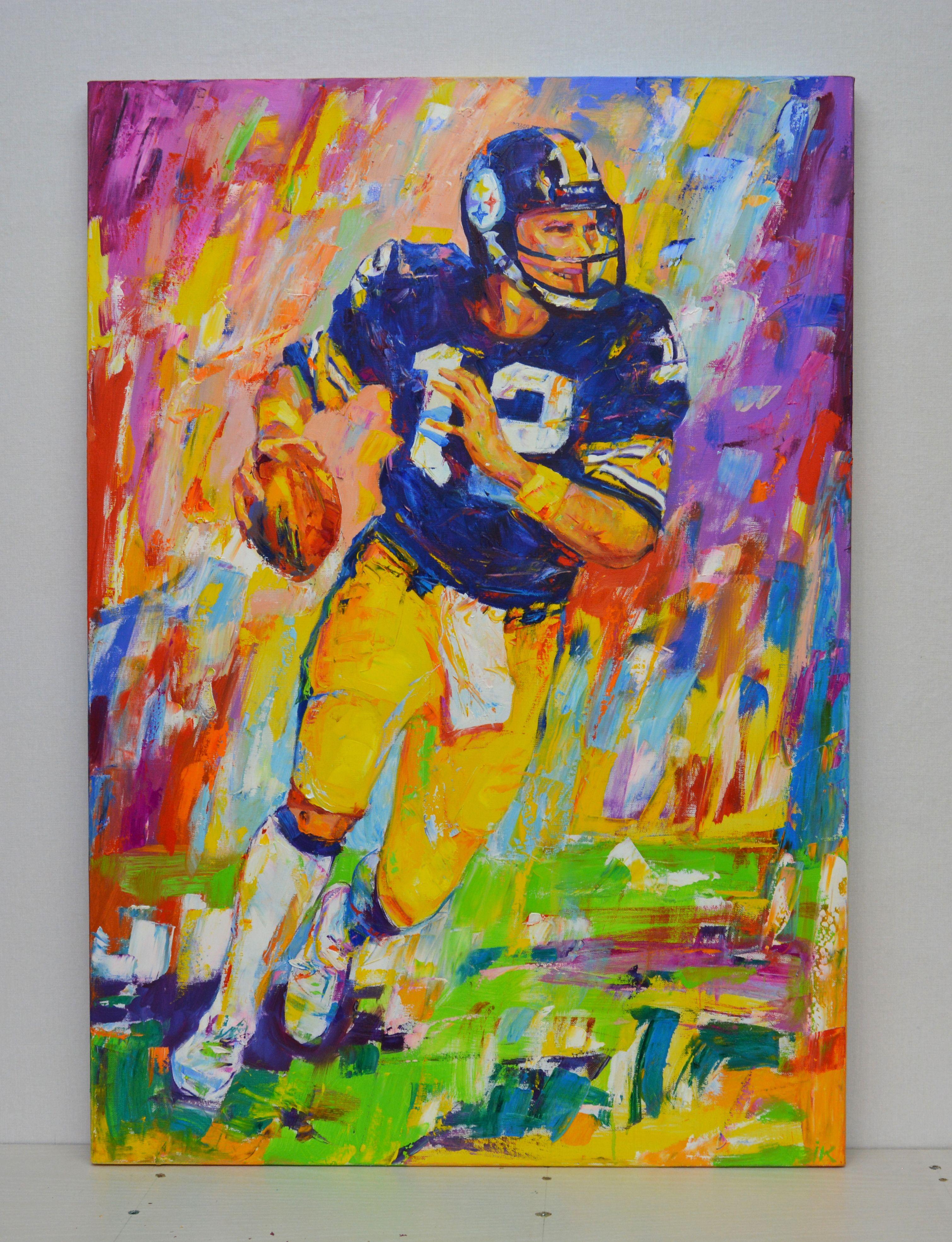 American football player in painting. The painting was painted with expressive strokes with a palette knife. This allows me to express the dynamics of life. In a luminous interior, next to romantic and calm works, there may be a picture where there