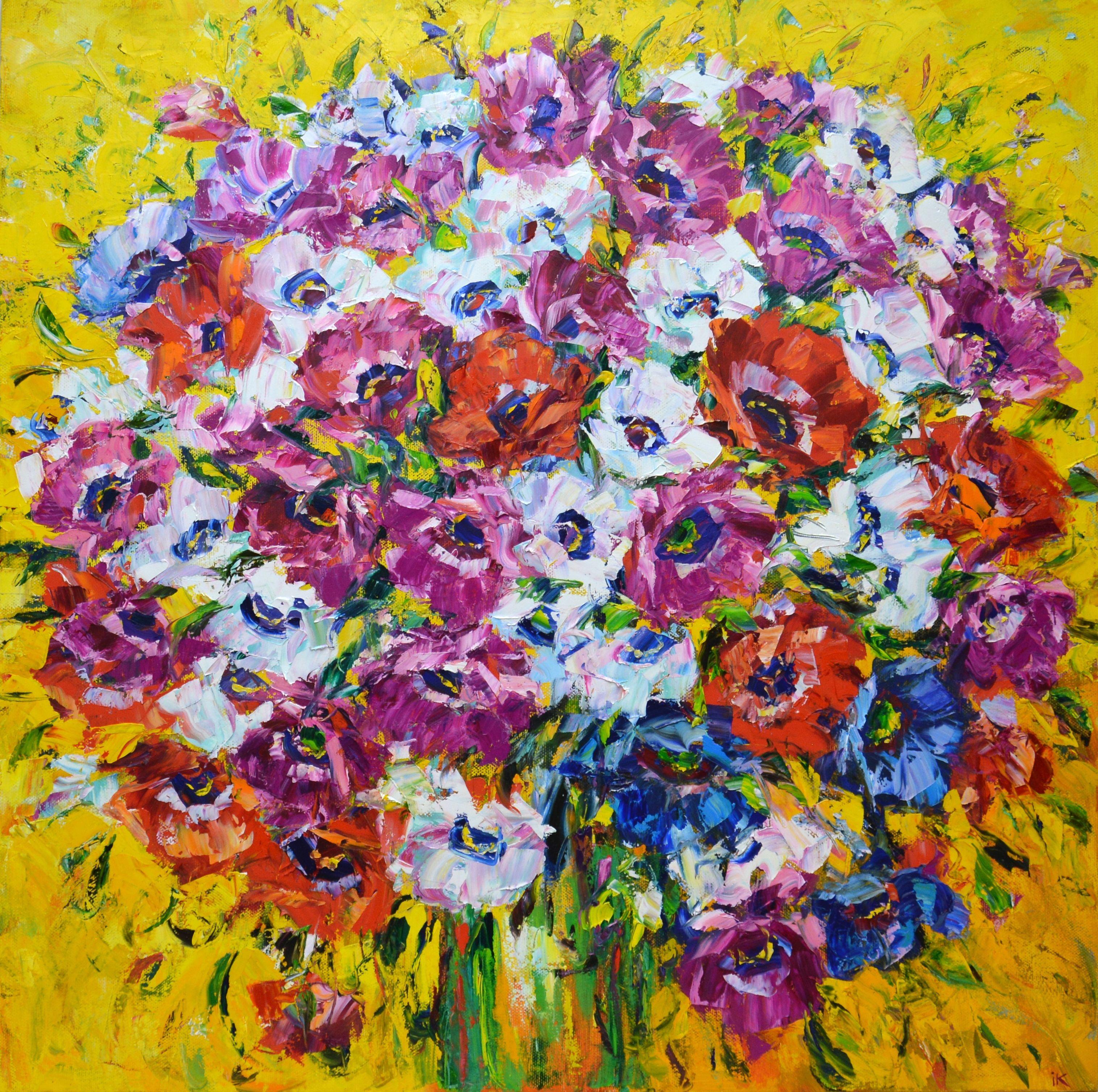 On an abstract yellow background, a summer bouquet of bright white, pink, red and blue anemones is presented. When the eye moves from the center of the image to the edges, the flowers turn into a colorful gamut of abstract strokes that create