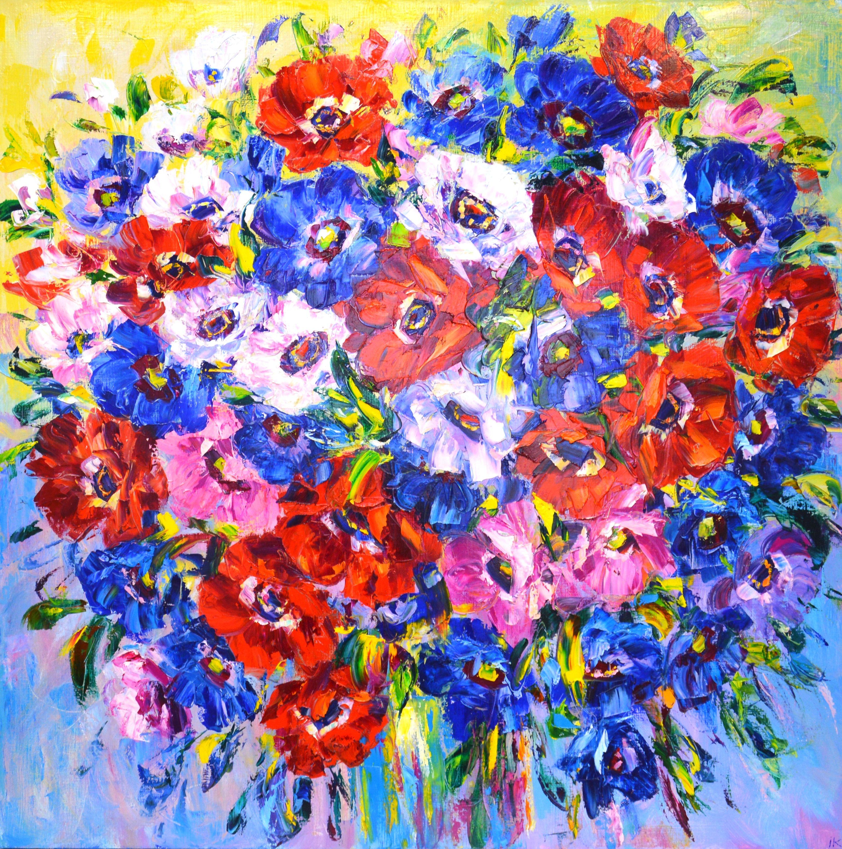 Anemones. Red, pink, blue and white flowers on an abstract background, created by brushes and a spatula. The picture is filled with positive, solar energy. Part of a permanent series of flower arrangements. Realism. Impressionism. Inspired by
