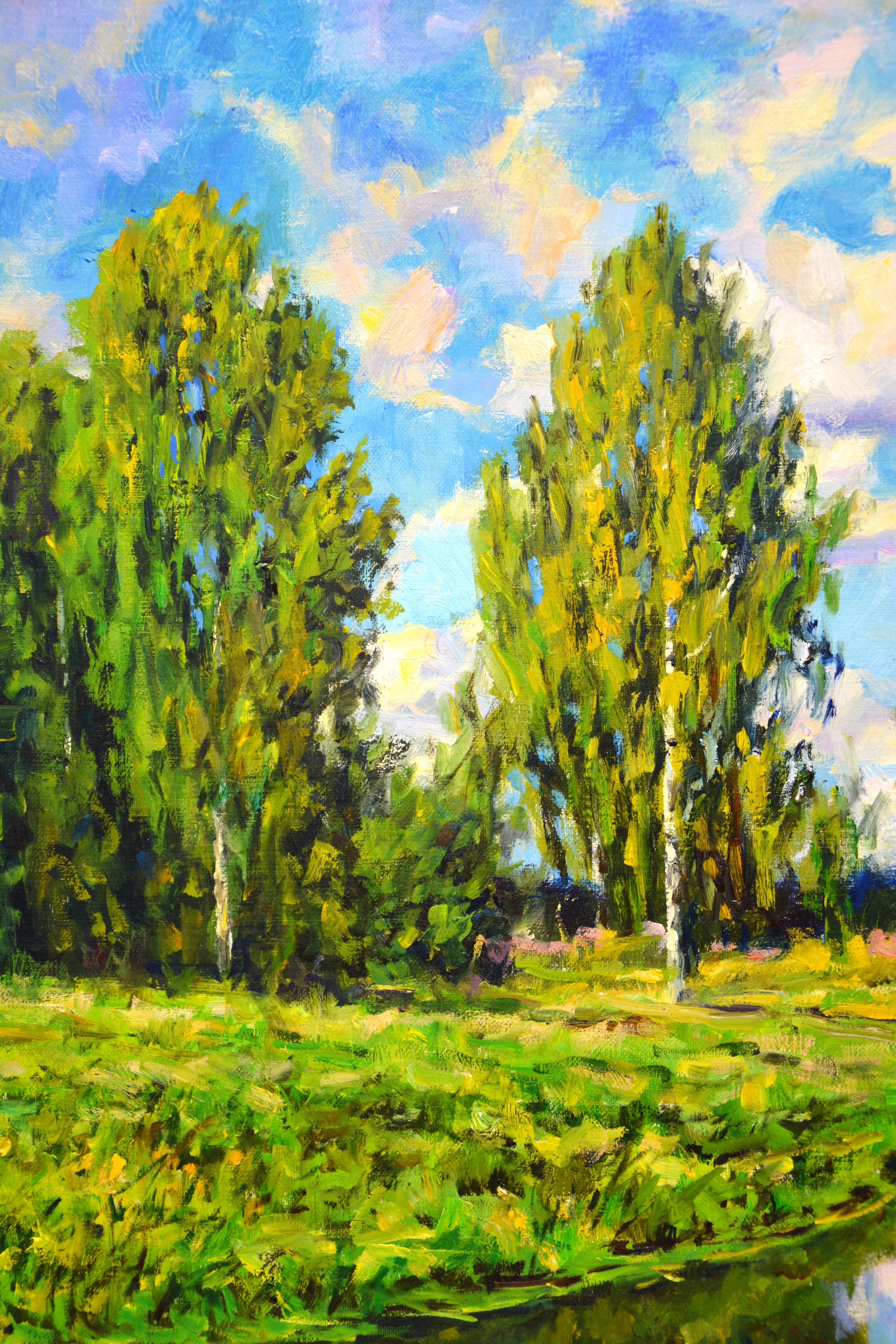 Picture. August. The saturated palette of greenery, the reflection of the sky in the water, birch trees, grass, clouds, a beautiful summer day evoke a feeling of love and gratitude to nature. The picture has good spatial quality, and the colors