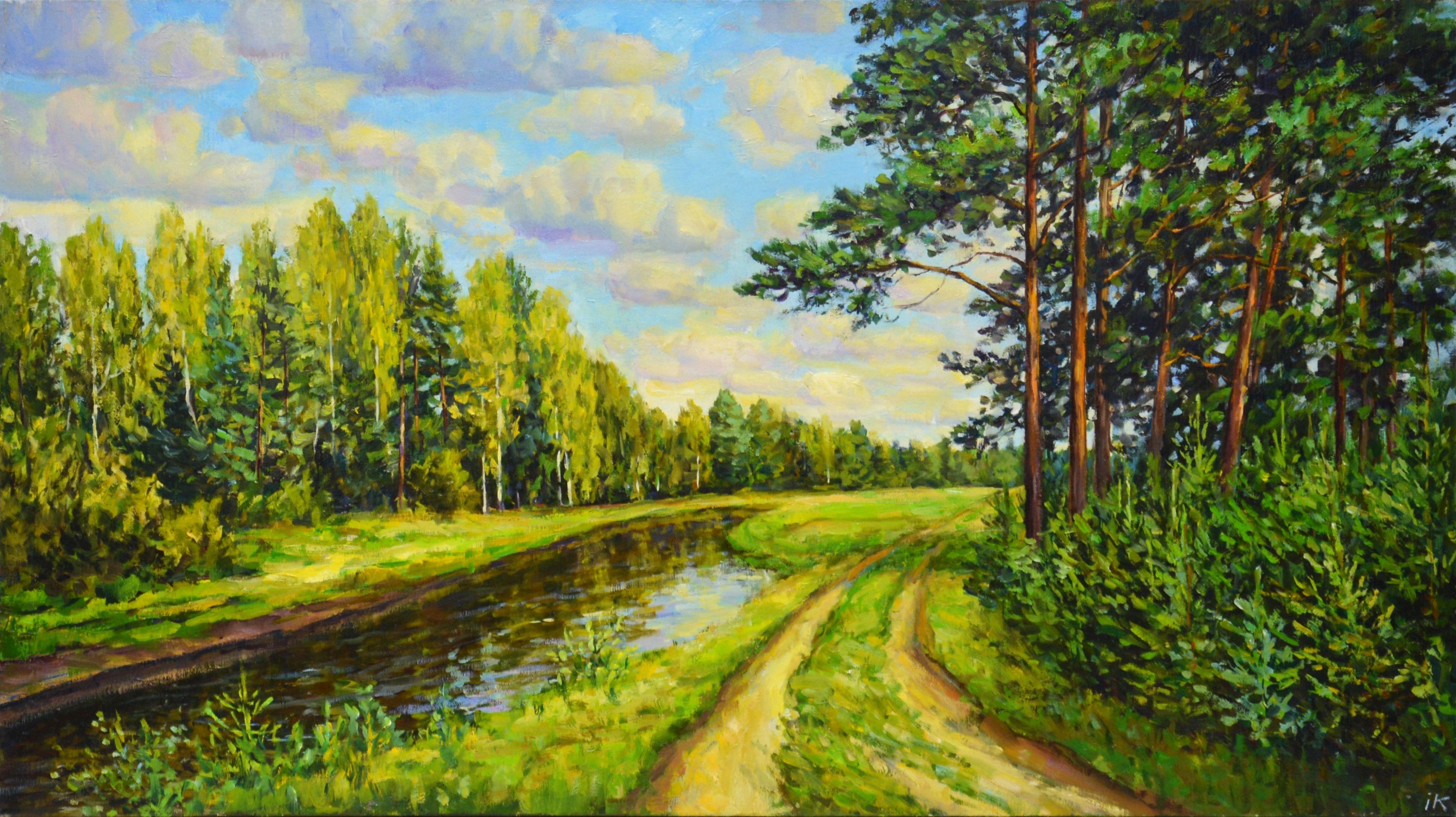 Summer landscape: forest, trees, pines, birches, river, grass, sky, road. Impressionism. A rich palette of summer colors, a premonition of the coming golden autumn evoke a feeling of love and gratitude to nature. The picture has good spatial