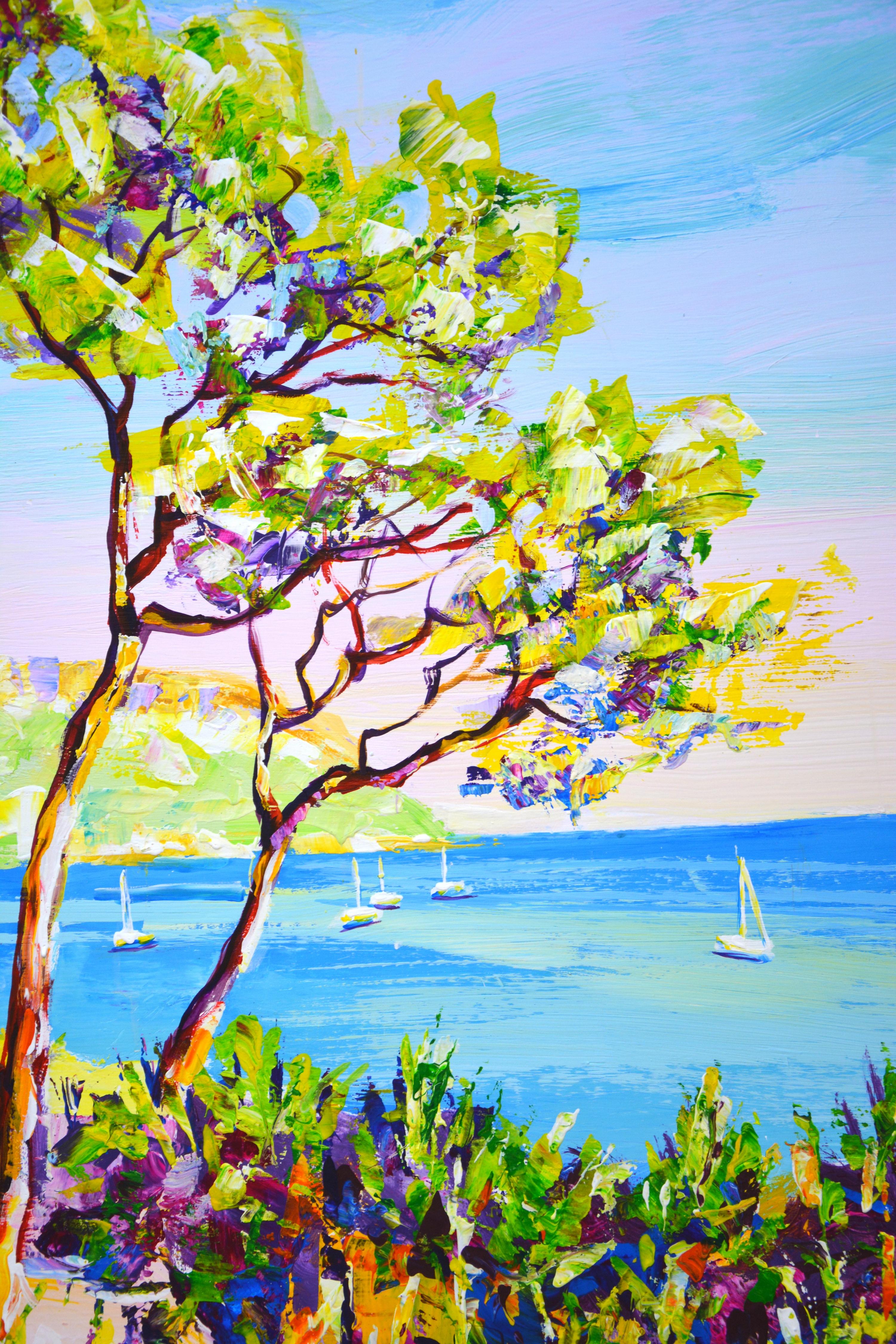 Azure coast. Seascape: a house on the Cote d'Azur of France, the sea, yachts, trees, flowers, a sunny day, water, travel, create an atmosphere of romance and relaxation. Impressionism. Realism. High quality materials are used. The painting is