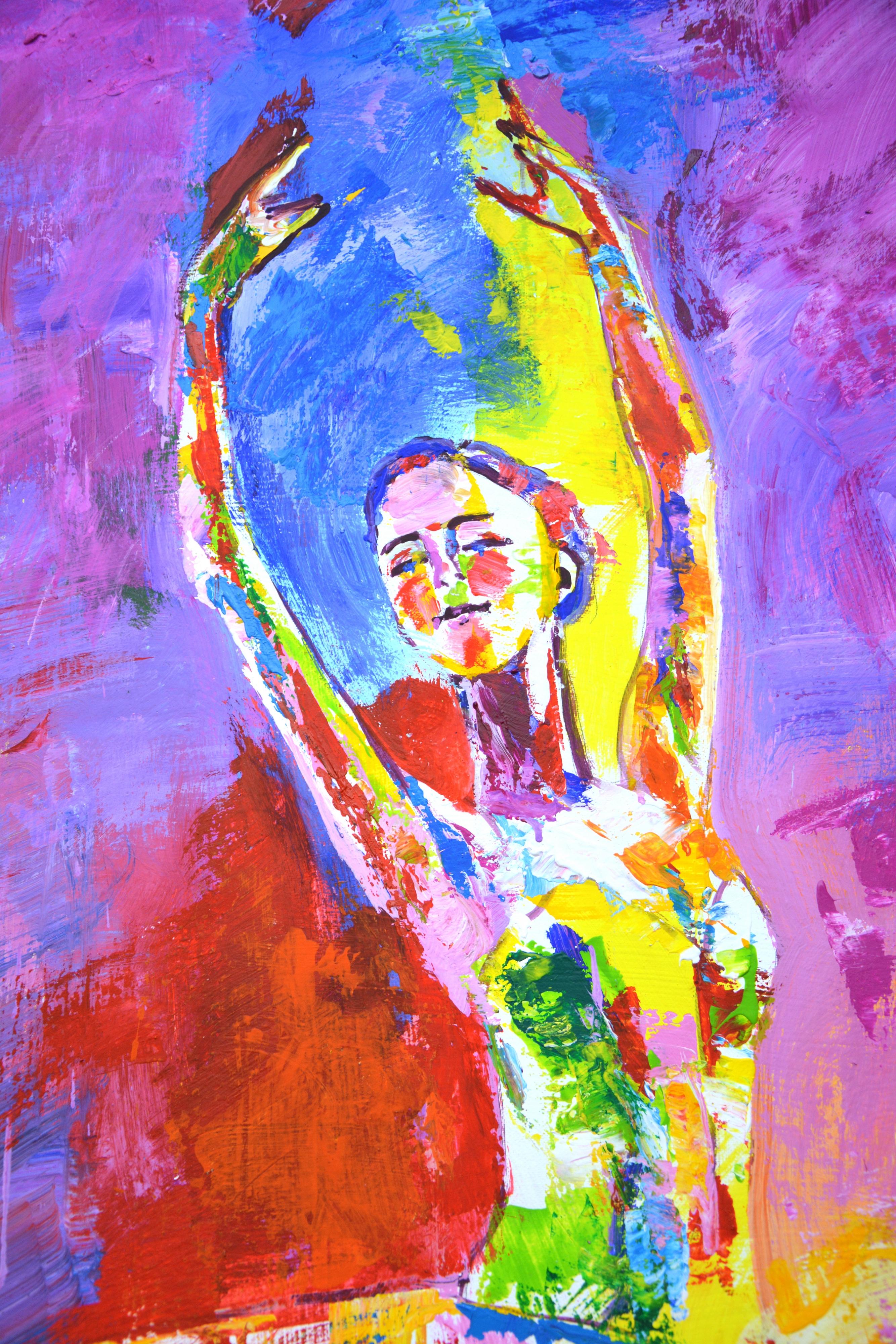 Ballerina. Ballet dancer, girl, figurative, movement, bright colored paints on an abstract bright background. Painted in expressionism style, acrylic on canvas. Covered with varnish. Artist's signature. The sides are painted in the color of the