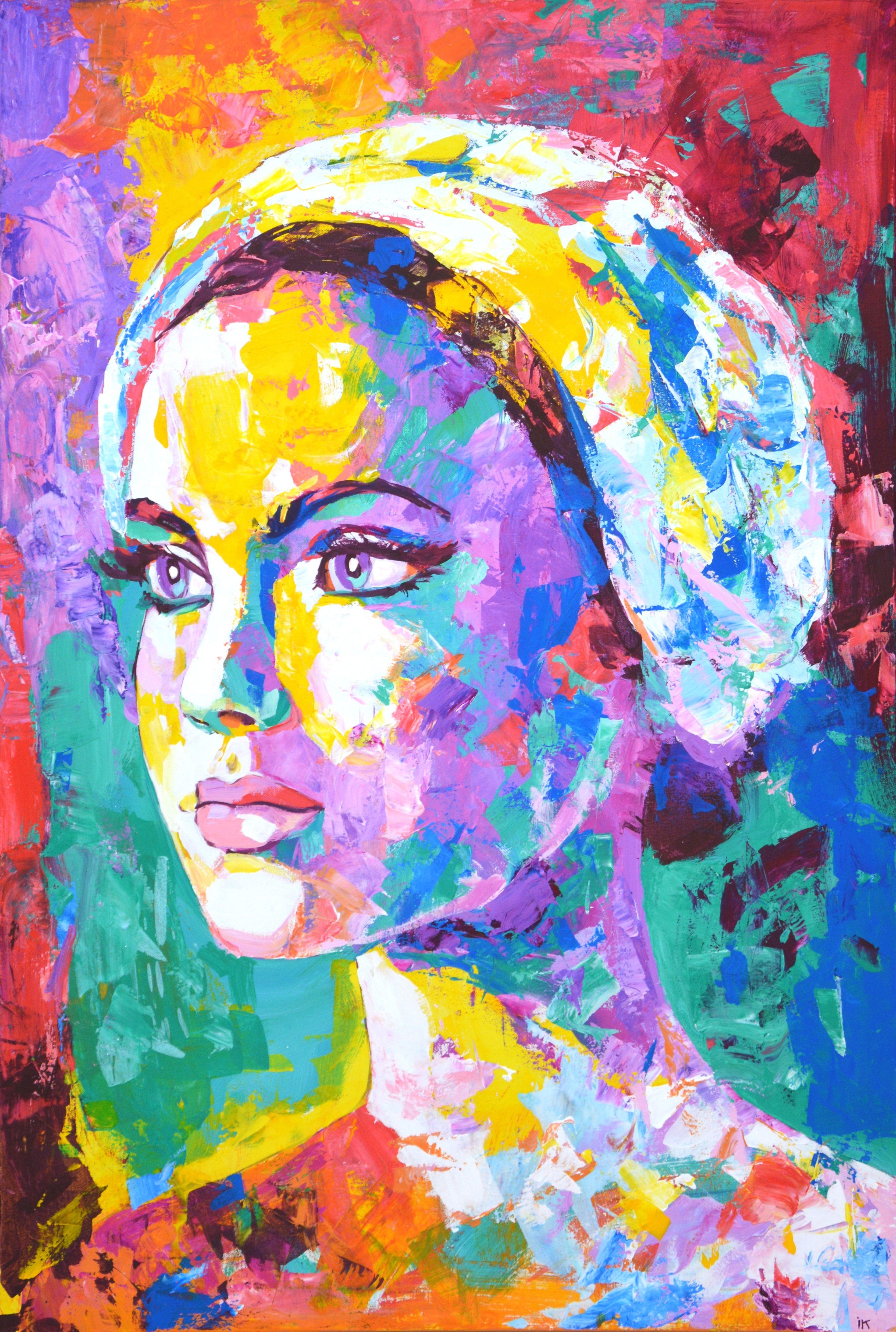 Ballerina portrait. The portrait of a young girl is painted in a modern style using brushes and a palette knife. Pop Art. Expressionism. Realism. A bright palette of colors was used: purple, yellow, green, blue, orange. Quality materials. The