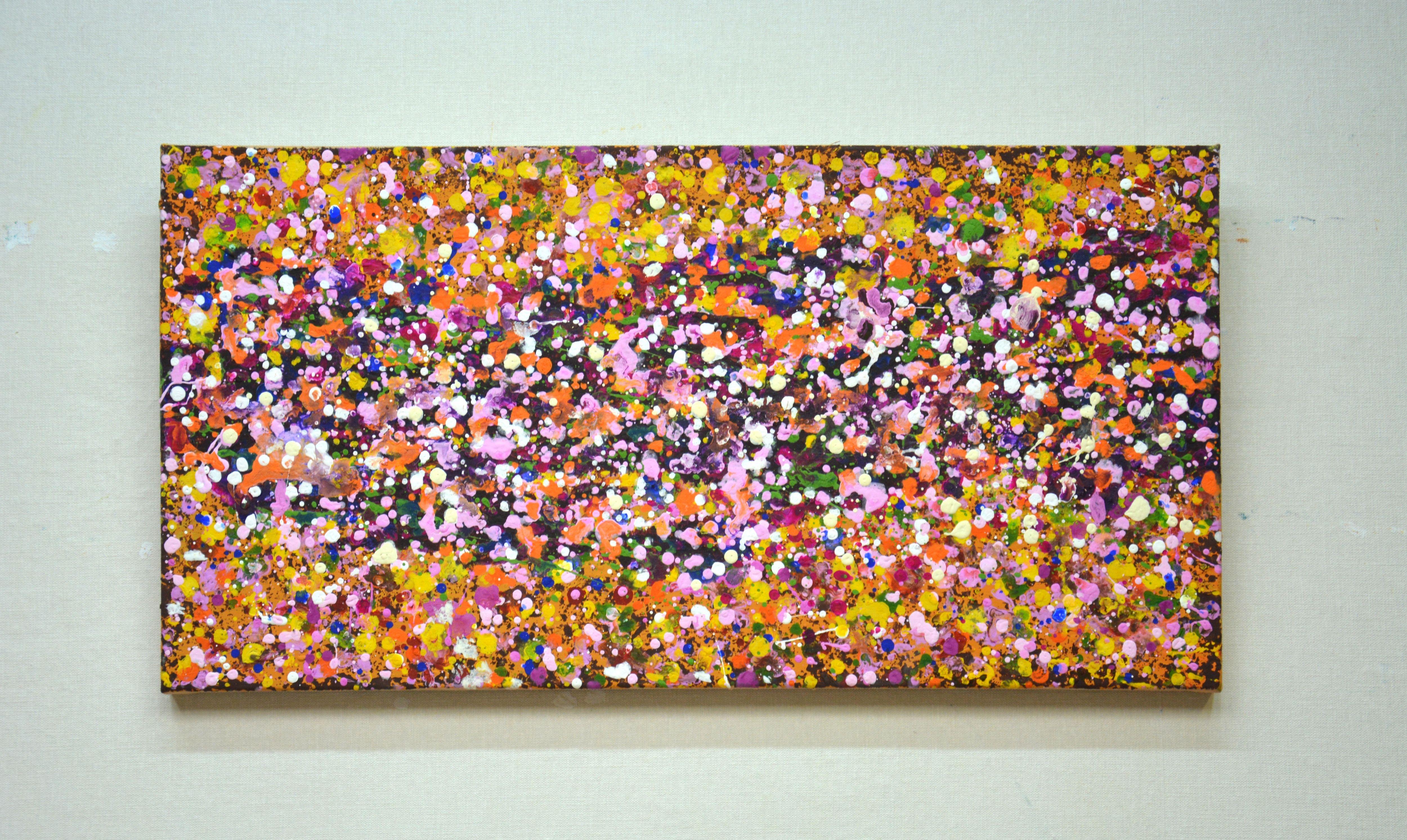 Beads. Expressive abstraction. A modern abstract painting created by drops and splashes of paint that sparkles and shimmers! Many colored drops of orange, dark pink, yellow, white on a warm background.  The picture is of good spatial quality, filled