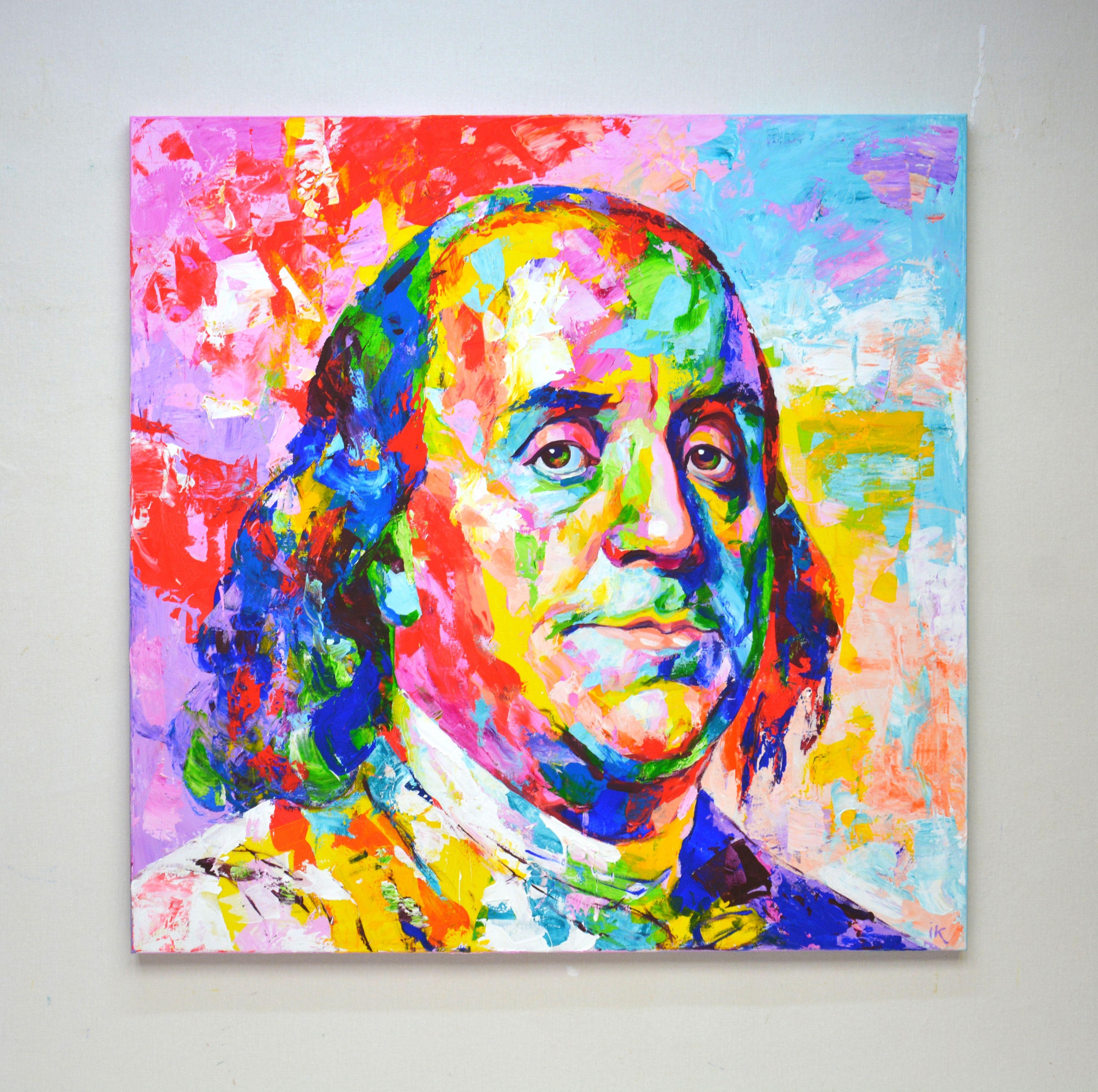Benjamin Franklin, peinture, acrylique sur toile - Expressionniste Painting par Iryna Kastsova