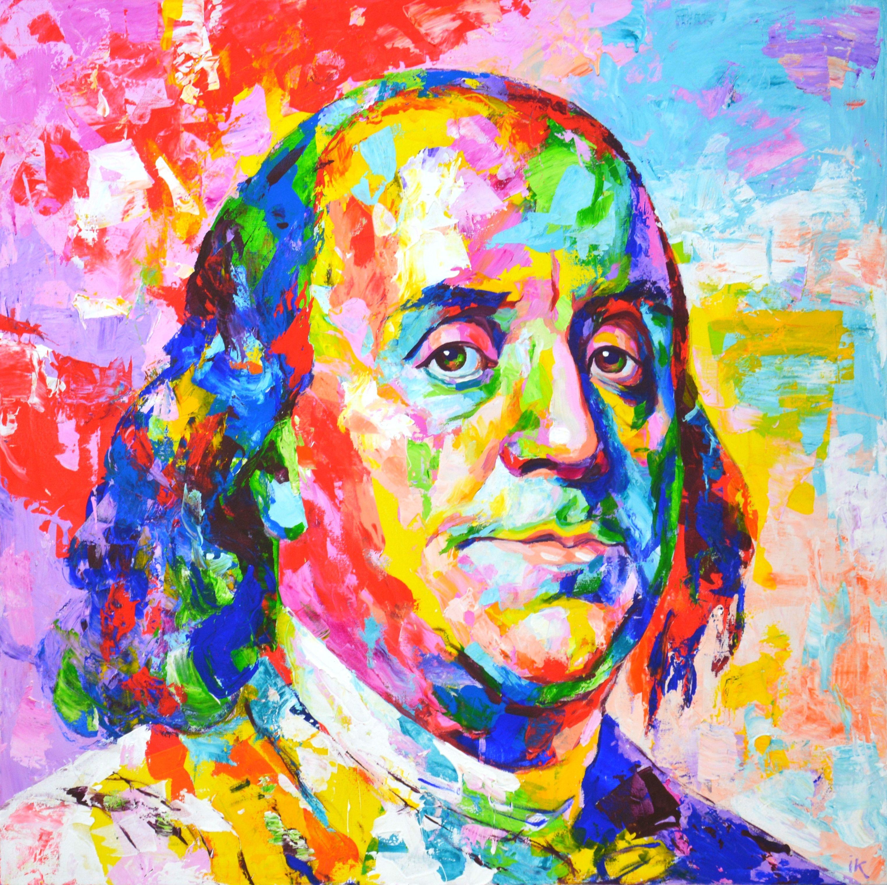 Benjamin Franklin is an American politician, diplomat, inventor, scientist, philosopher, writer, freemason, polymath. Lord with a $ 100 bill.  Painted in a modern style with brushes and a palette knife. Pop Art. Expressionism. Realism. A bright