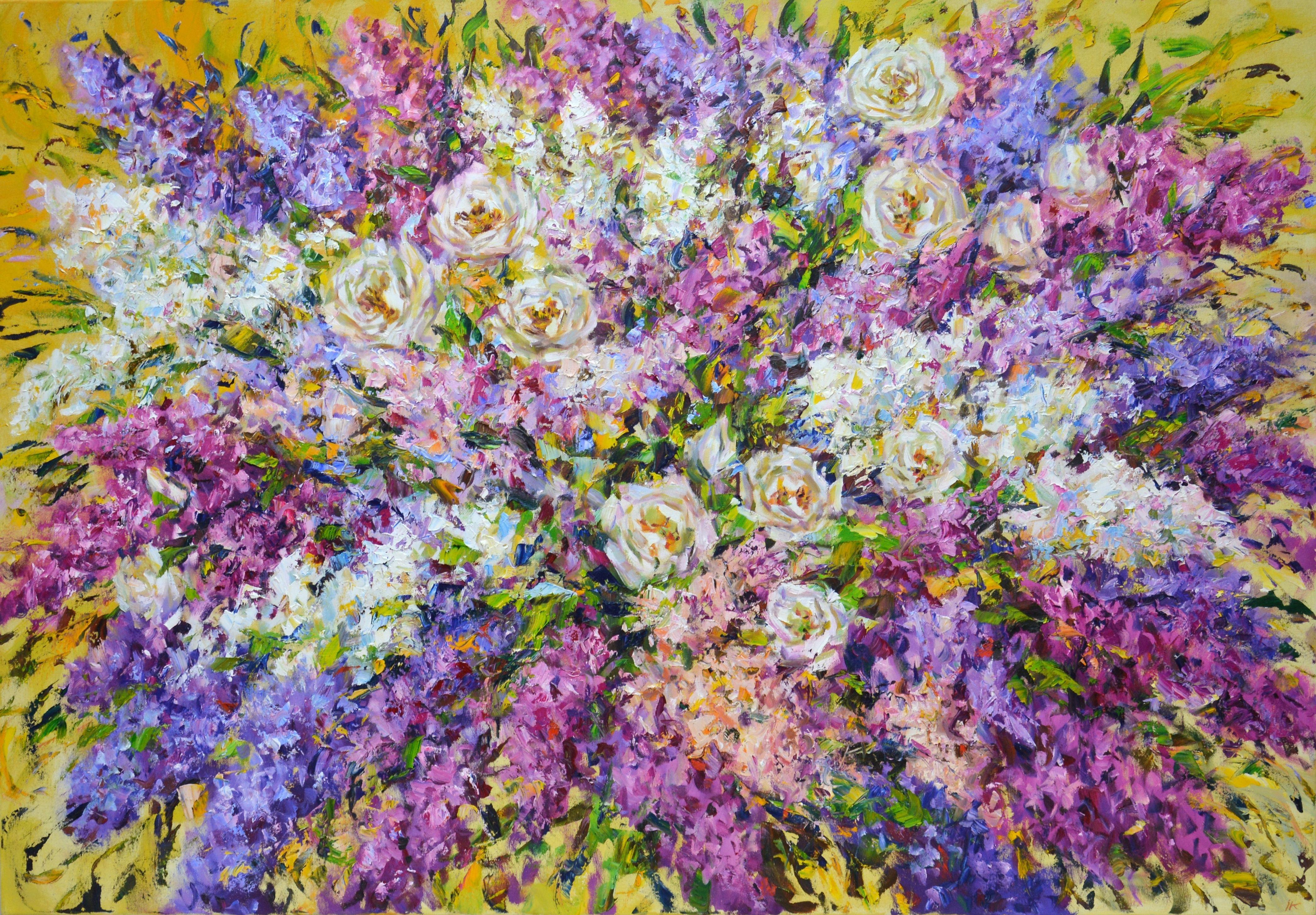 Large flower arrangement on a yellow background. Lavender, lilac, white roses.  Part of an ongoing series of floral still lifes. The painting has good spatial quality, and bright colors cause childish happiness. In the style of impressionism,