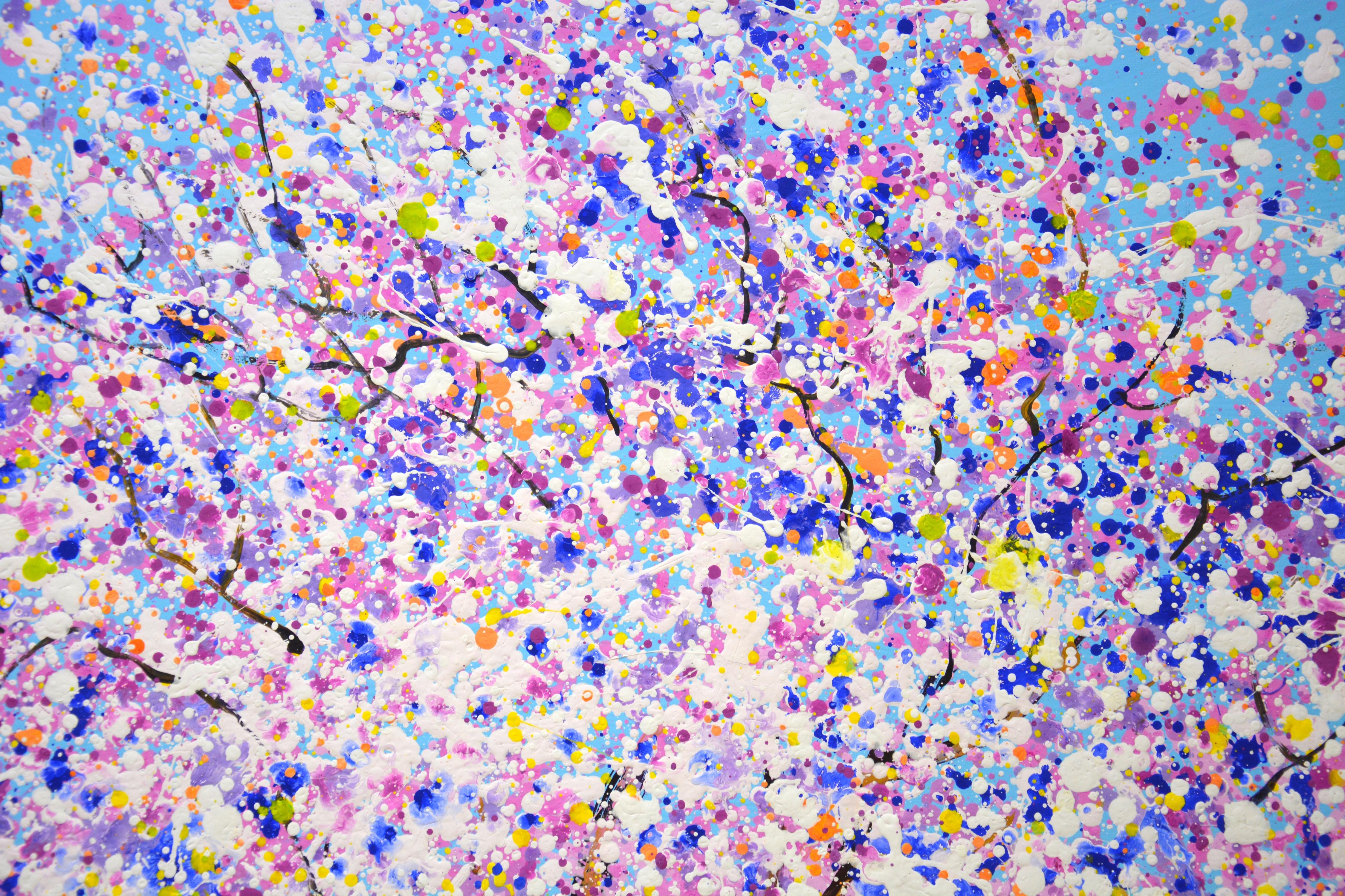 Blooming sakura 5. Japanese tree. Acrylic paints in soft pink, baby blue, baby purple, lilac, white creamy pink splattered and splattered, creating a sense of shimmer, movement, and beautiful life. Colors create an atmosphere of relaxation, harmony