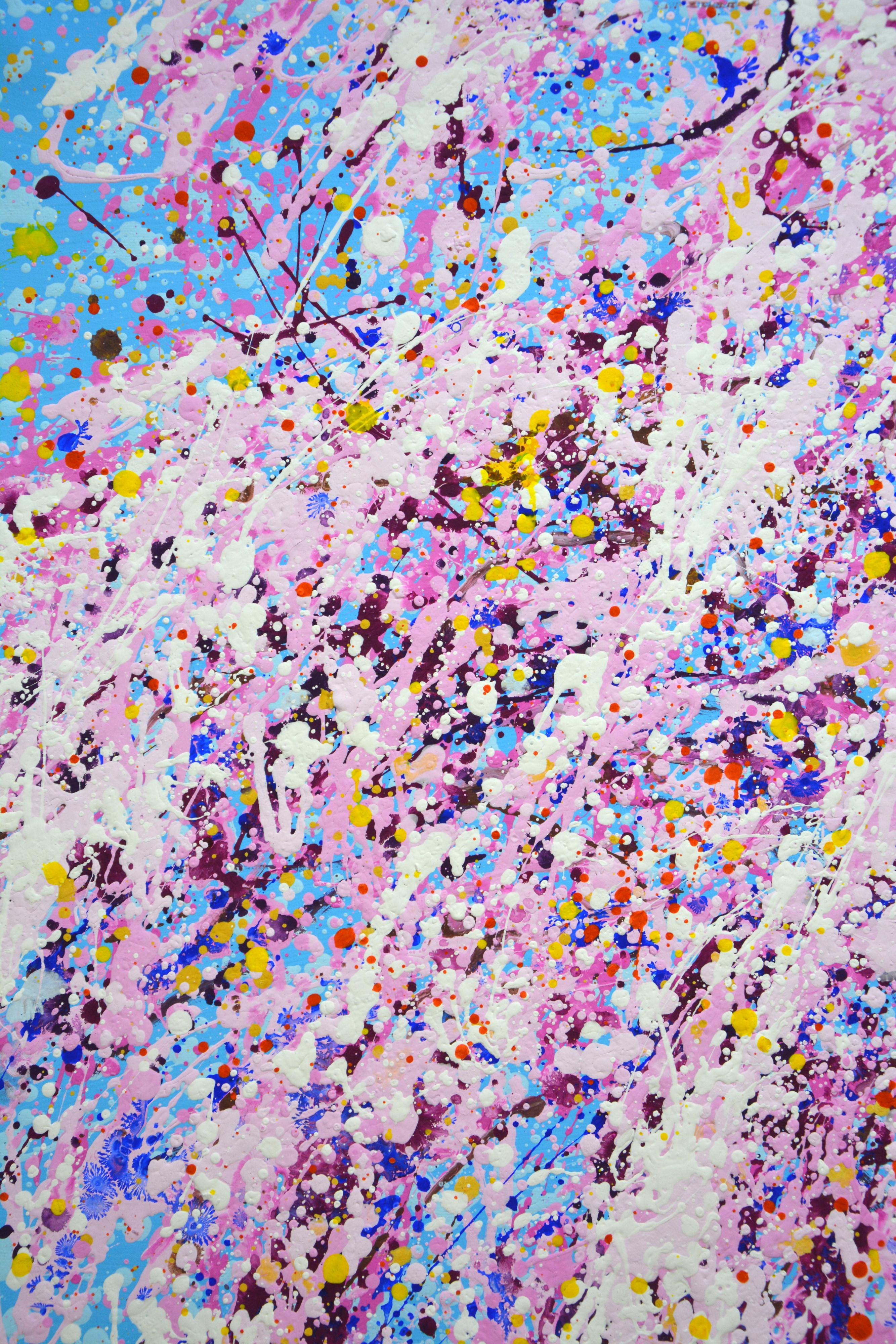 Blooming sakura 9 . Japanese tree. Acrylic paints in soft pink, baby blue, baby purple, lilac, white creamy pink splattered and splattered, creating a sense of shimmer, movement, and beautiful life. Colors create an atmosphere of relaxation, harmony
