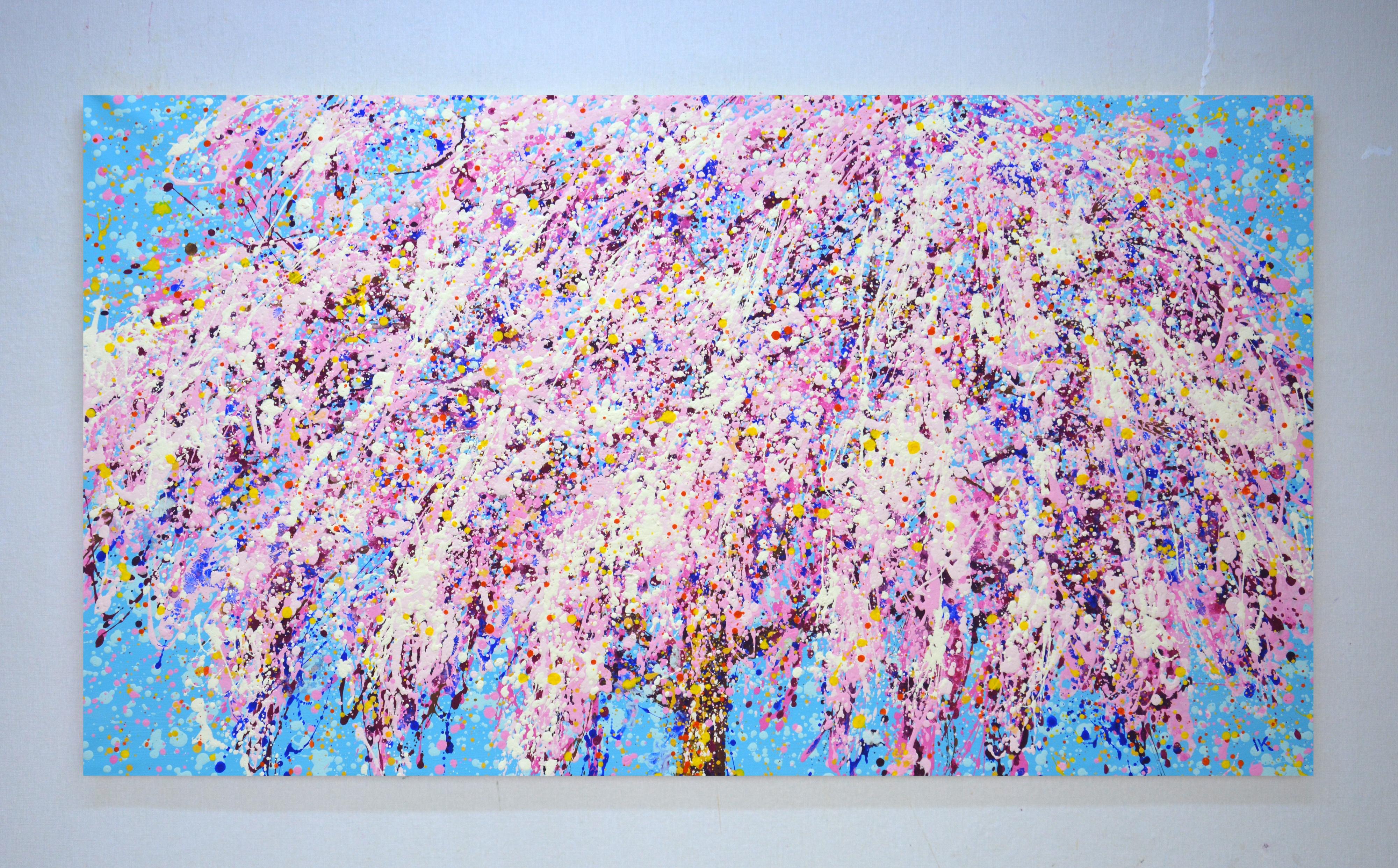 Blooming sakura 9  Colorful Expressionist Pop Art Tree Painting - Gray Interior Painting by Iryna Kastsova