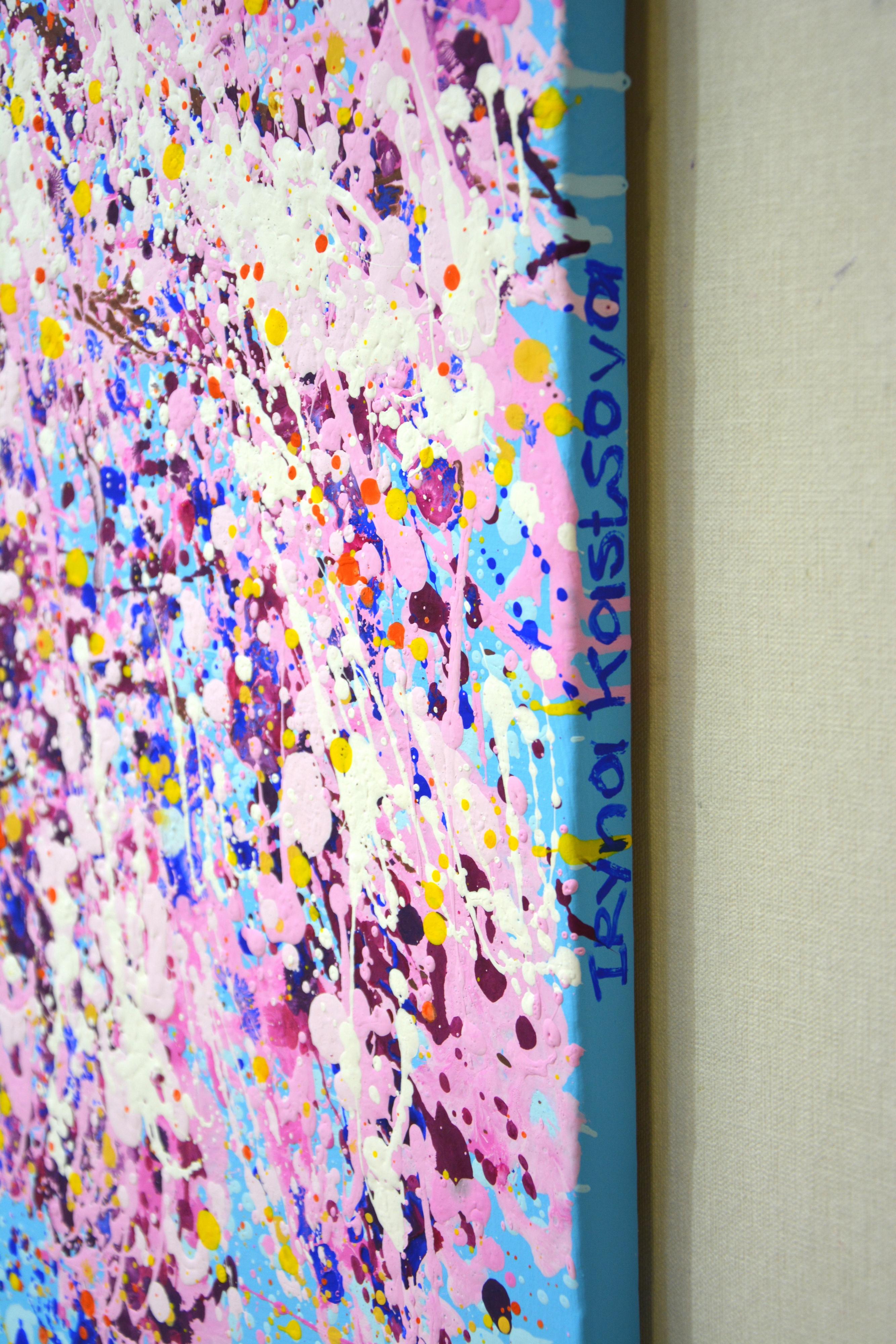 Blooming sakura 9 . Japanese tree. Acrylic paints in soft pink, baby blue, baby purple, lilac, white creamy pink splattered and splattered, creating a sense of shimmer, movement, and beautiful life. Colors create an atmosphere of relaxation, harmony