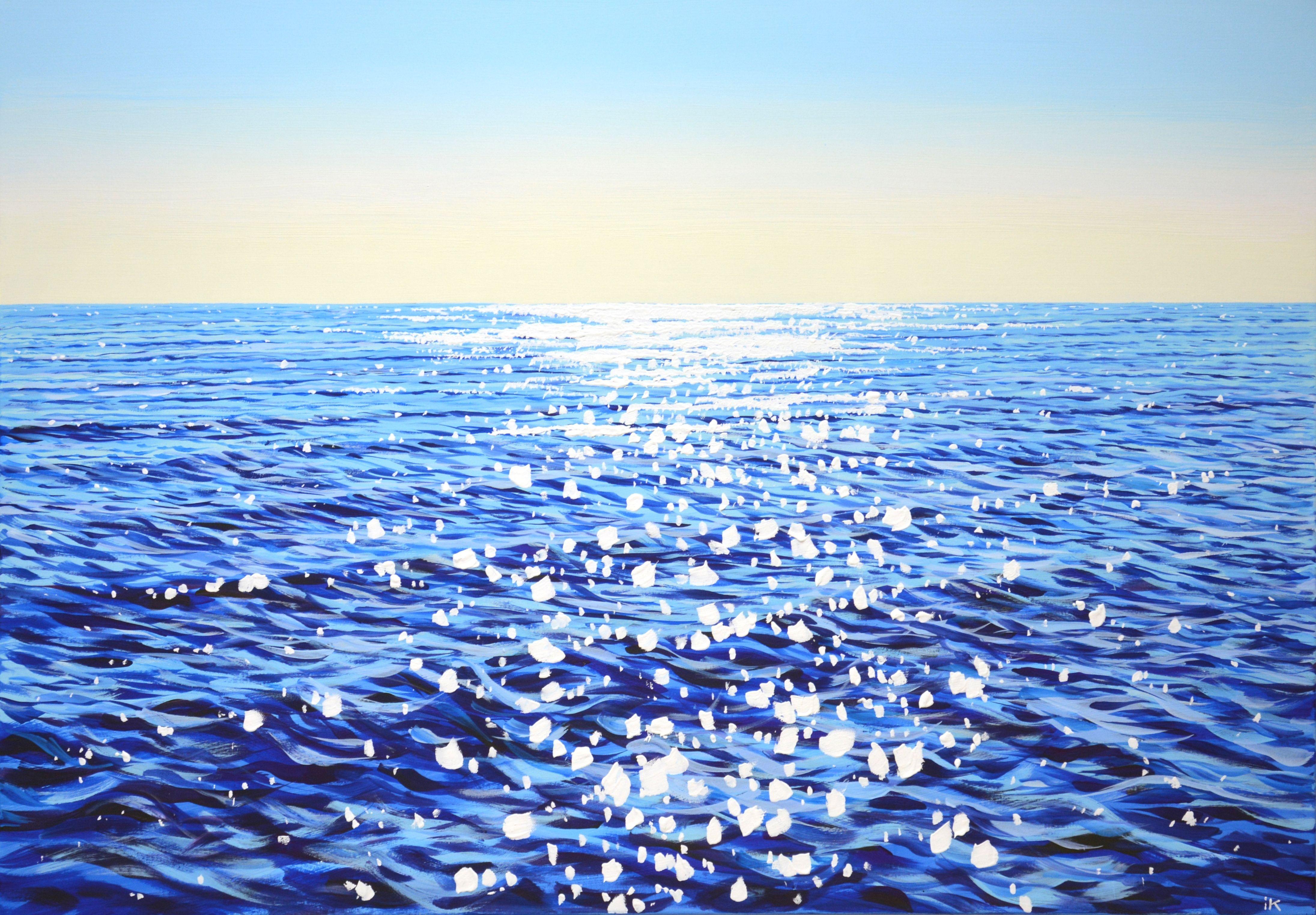 Blue ocean. Glare. Summer seascape: blue water, blue ocean, small waves, sun glare on the water, clear skies create an atmosphere of relaxation and romance. The blue and white palette, made in the style of realism, emphasizes the energy of water.
