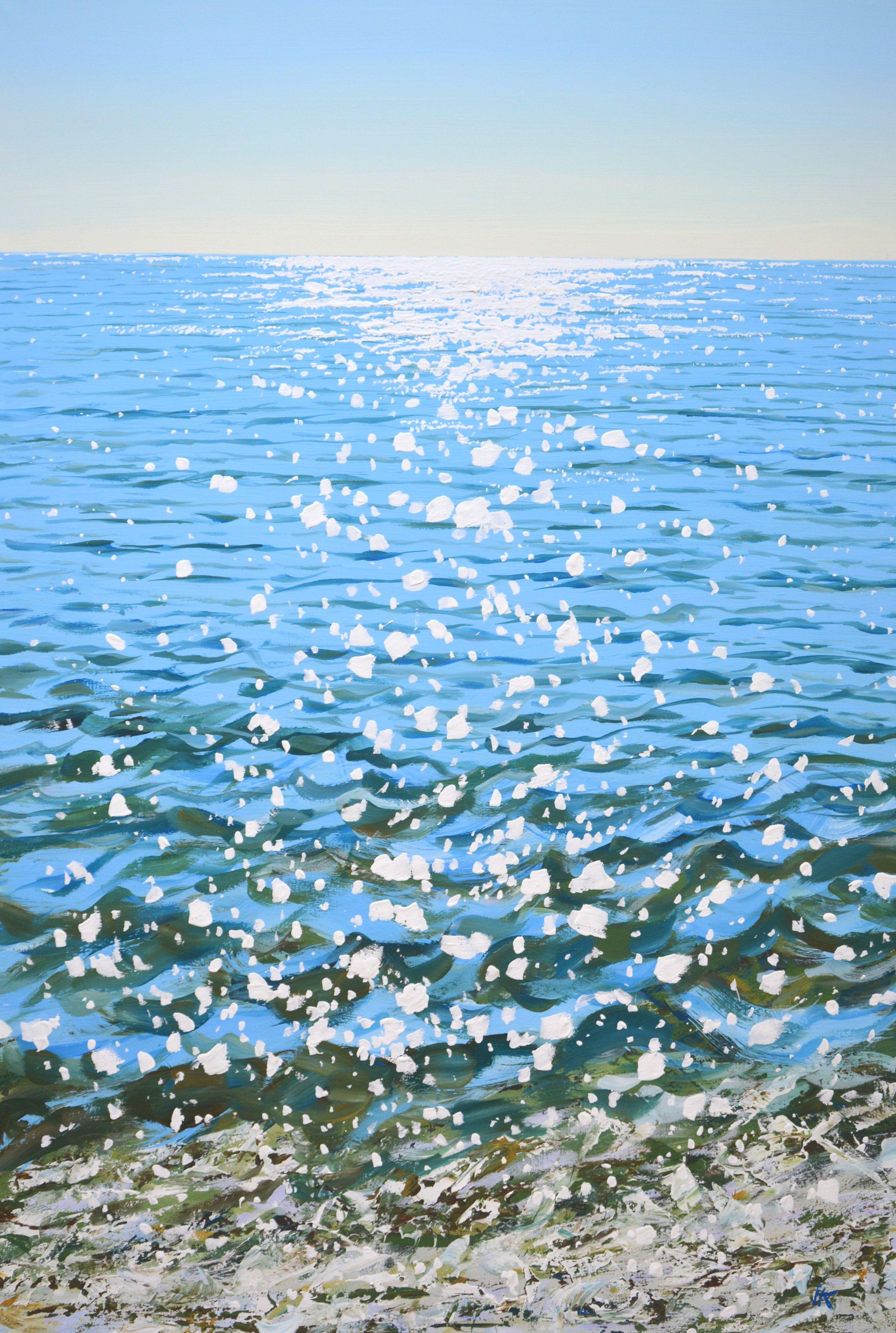Blue water. Glare. The ocean, sparks of the sun on the water, clear skies, non-lash waves create an atmosphere of relaxation and romance. Made in the style of realism, light blue, white palette emphasizes the energy of water. Part of a permanent