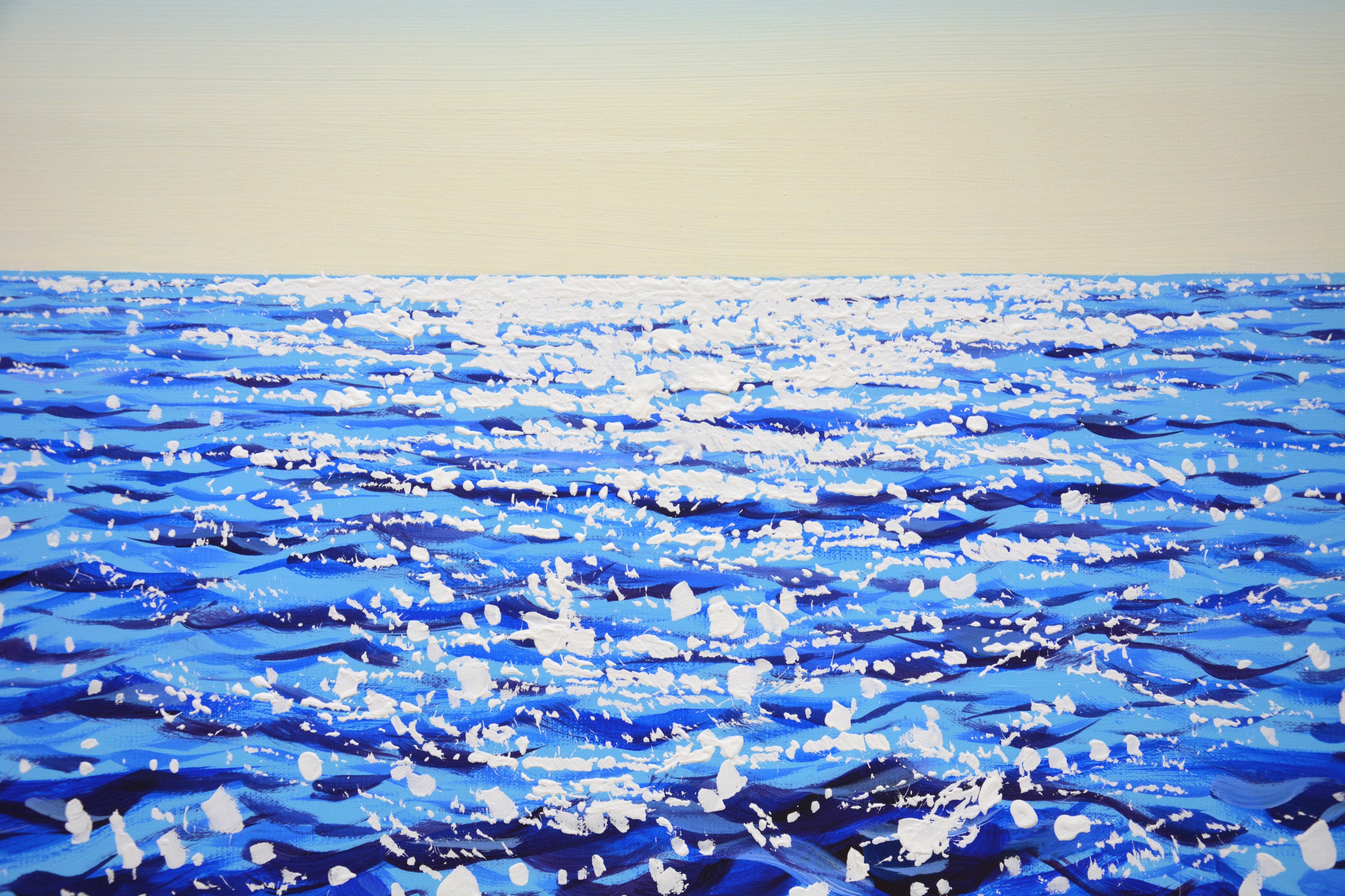 Blue water. Light. Summer, seascape: sun glare on blue water, clear sky, small waves create an atmosphere of relaxation and romance. Made in the style of realism, impressionism. The blue, white palette emphasizes the energy of the water. Part of a