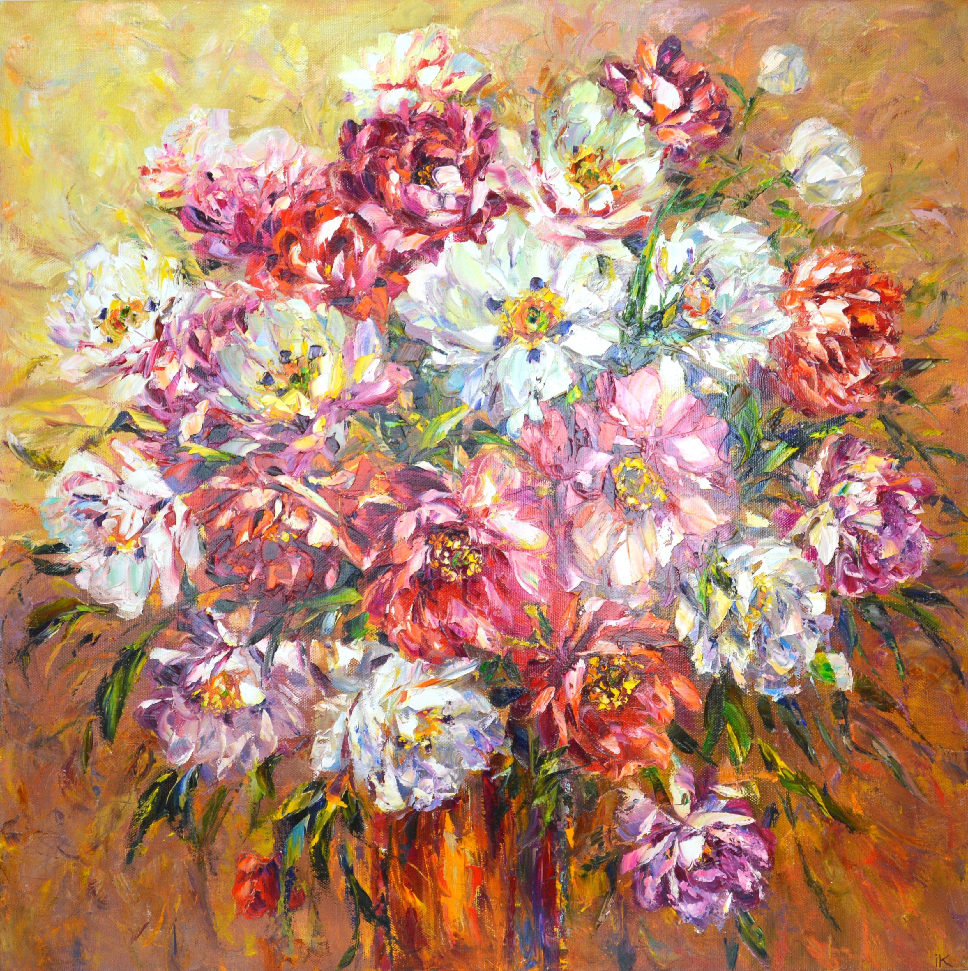 Bouquet. Still life: Red, pink, white peonies on an abstract ginger background, created with brushes and a spatula. The picture is filled with positive, solar energy. Part of a permanent series of floral arrangements. Realism. Impressionism.