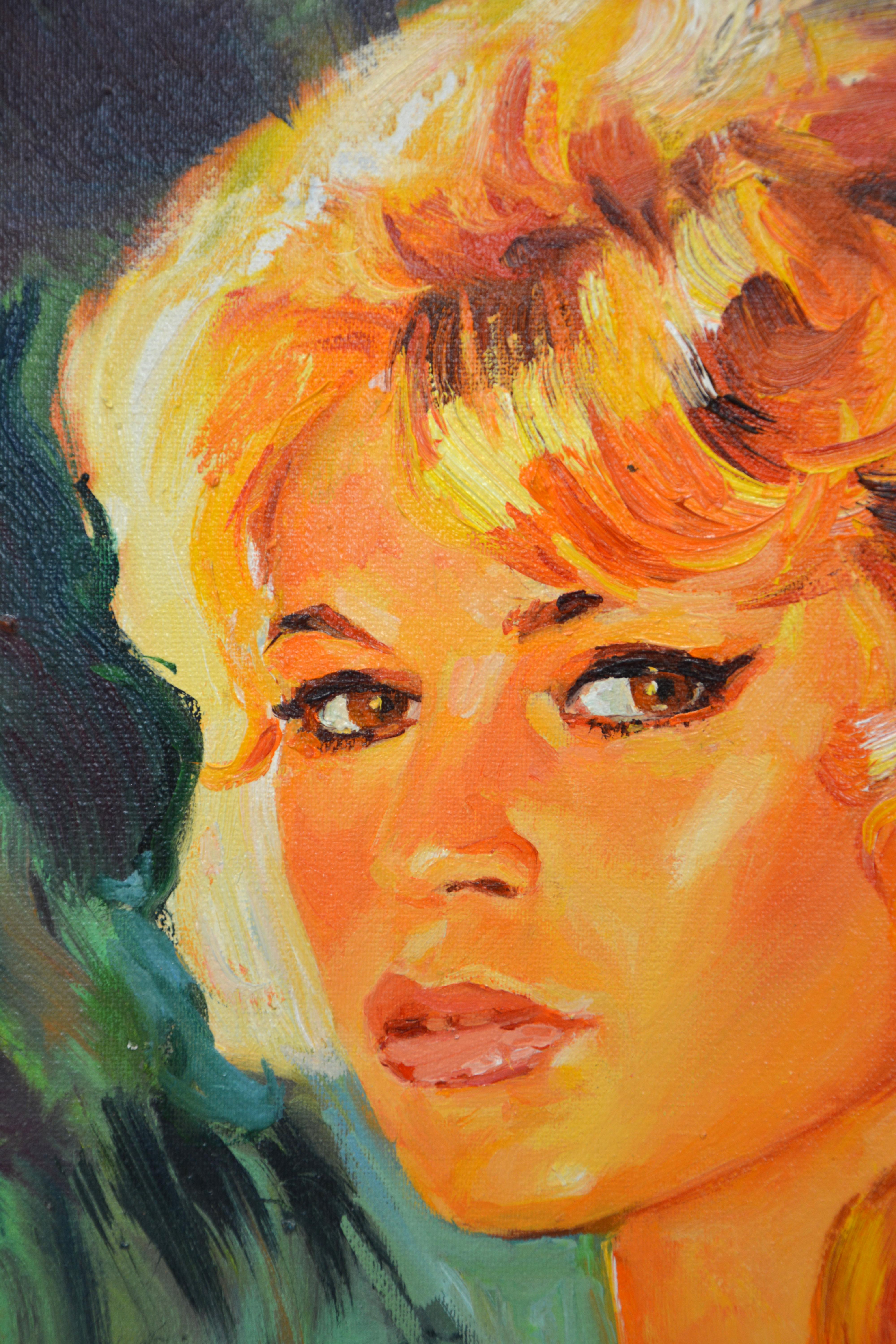Porträt von Brigitte Bardot. Weibliches Bild in Rosa auf dunklem Hintergrund. Impressionismus.
  Ölgemälde auf Leinwand, lackiert, Seiten in der Farbe des Gemäldes gemalt, bereit, aufgehängt werden, unterzeichnet ein Zertifikat der Authentizität.