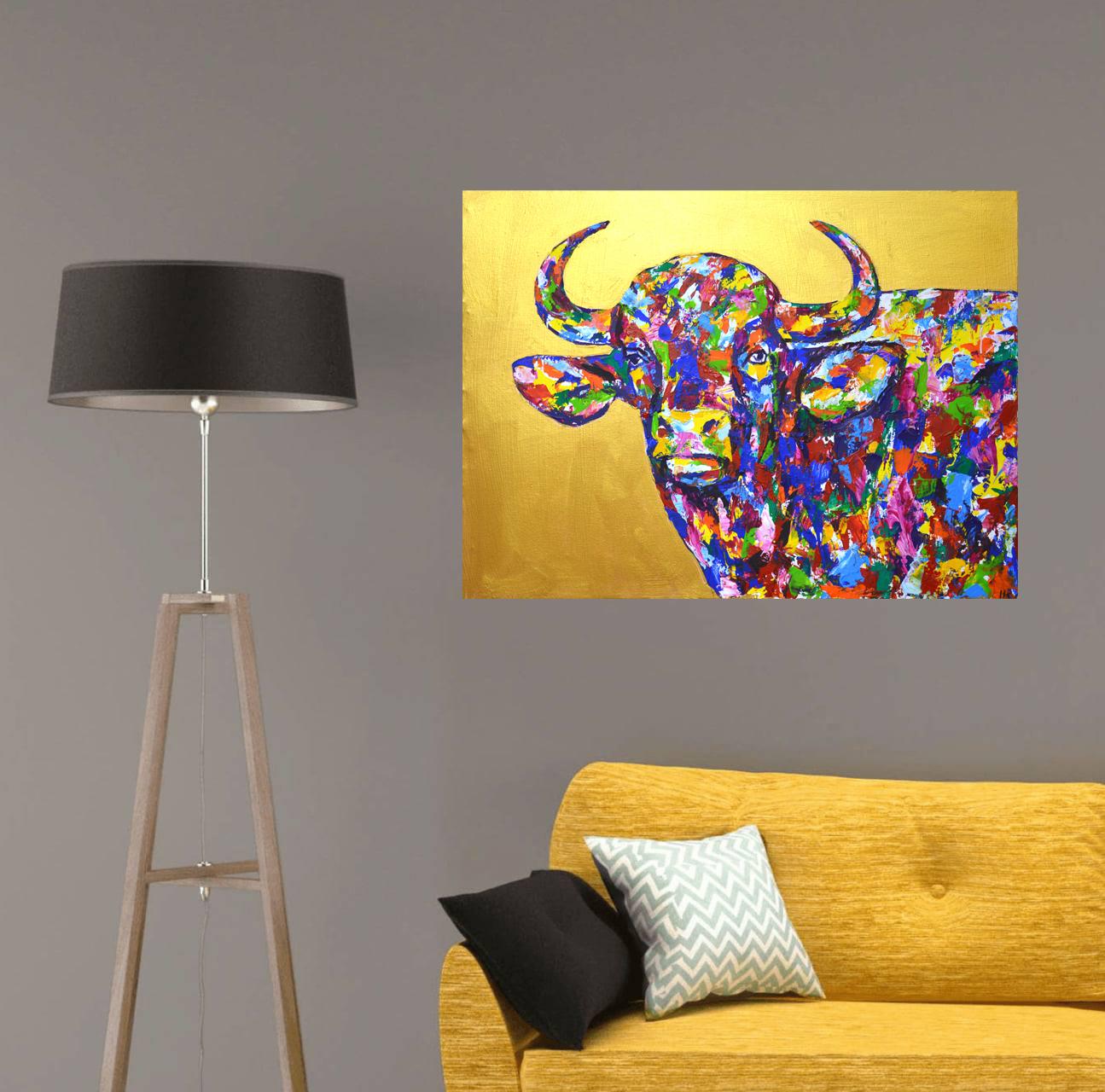 Stier auf Gold 2 - Pop Art Buntes Interieur Tiermalerei im Angebot 6