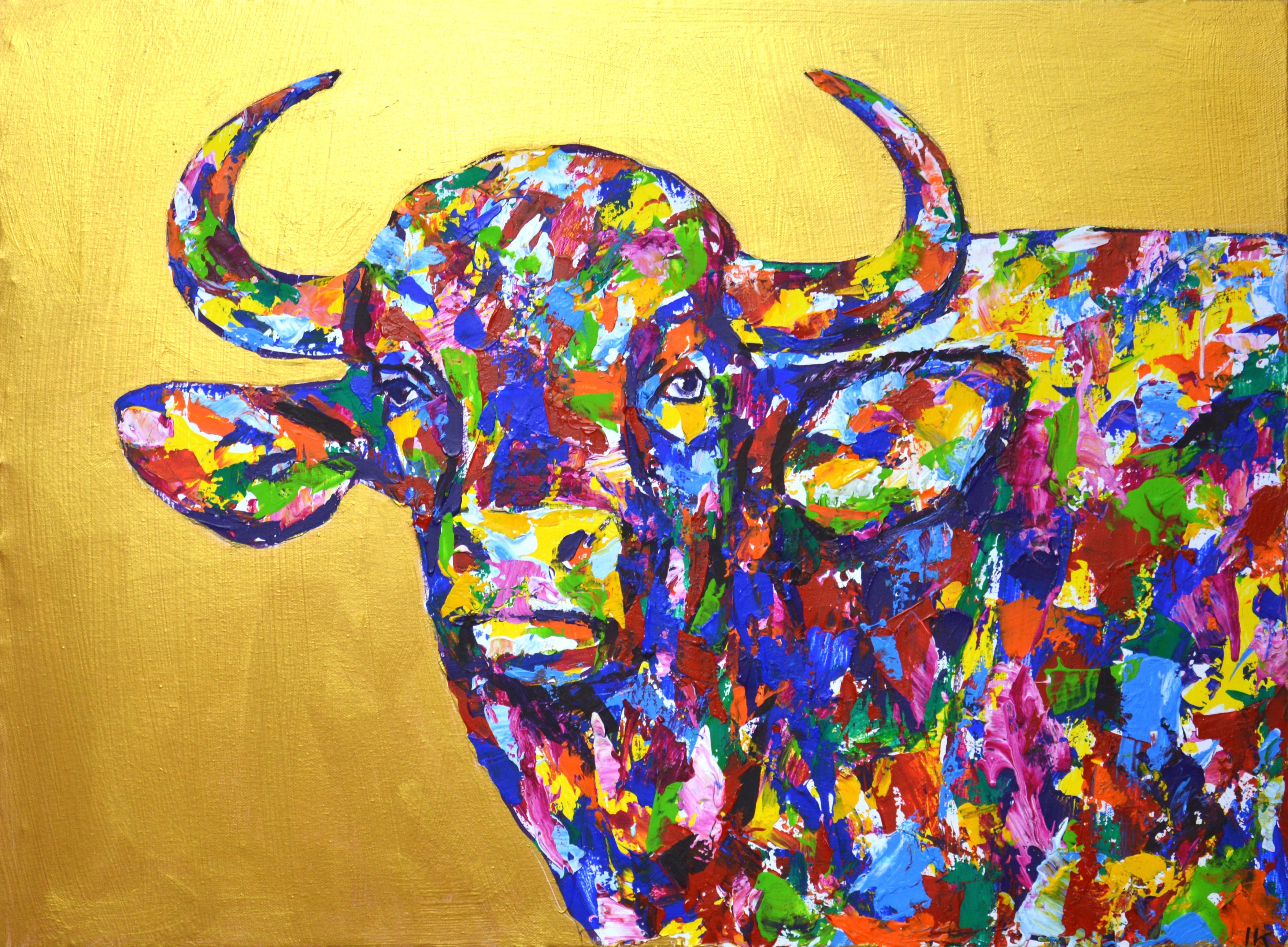 Toro sull'oro 2 - Quadro d'interni pop art colorato con animali