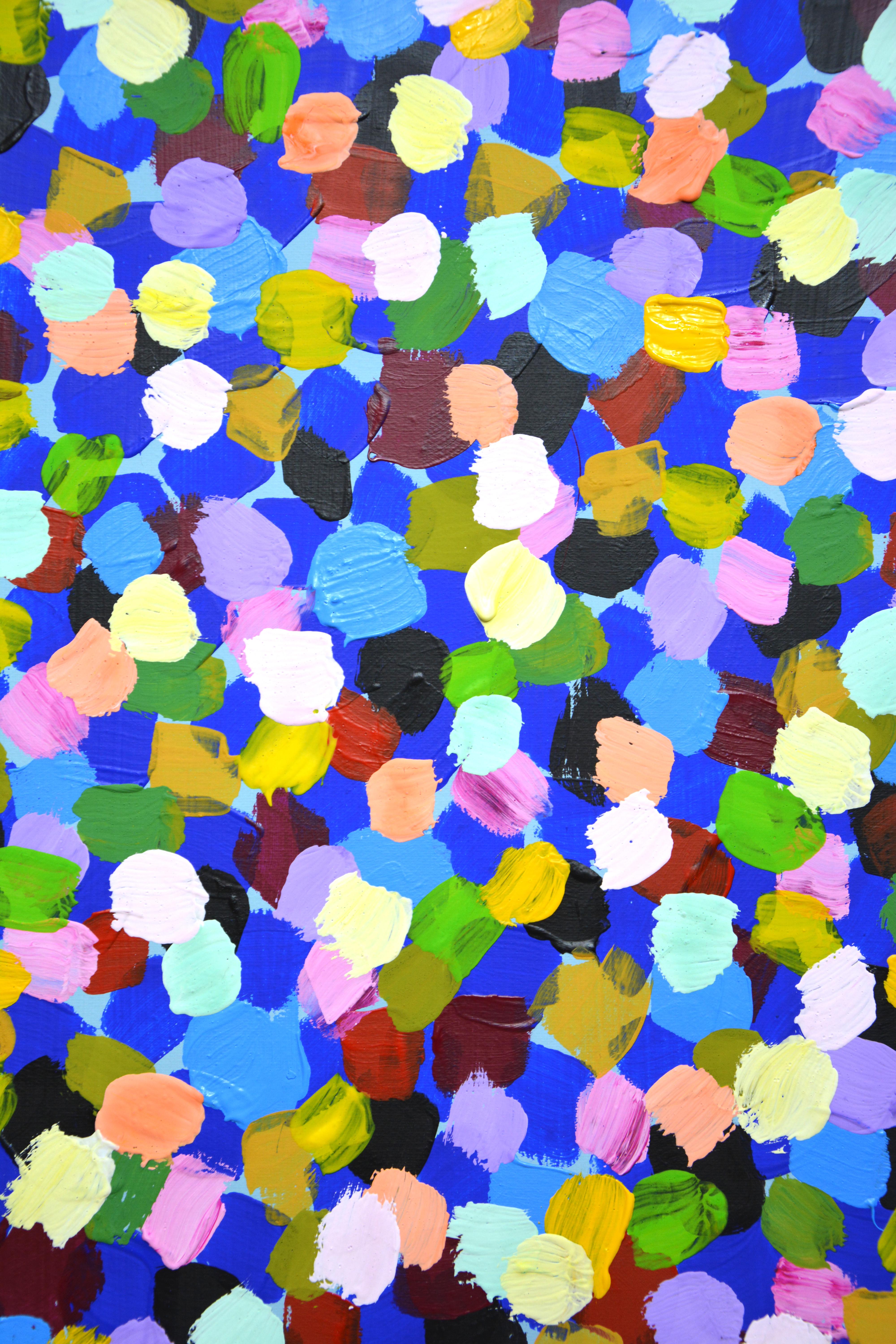 Geschäftsideen. Pointillismus. Ein modernes abstraktes Gemälde, das mit Pinselstrichen geschaffen wurde, funkelnd und schimmernd! Viele bunte Punkte wie Bonbons: blau, gelb, grün, rot, rosa, weiß.
Das Gemälde ist von guter räumlicher Qualität,