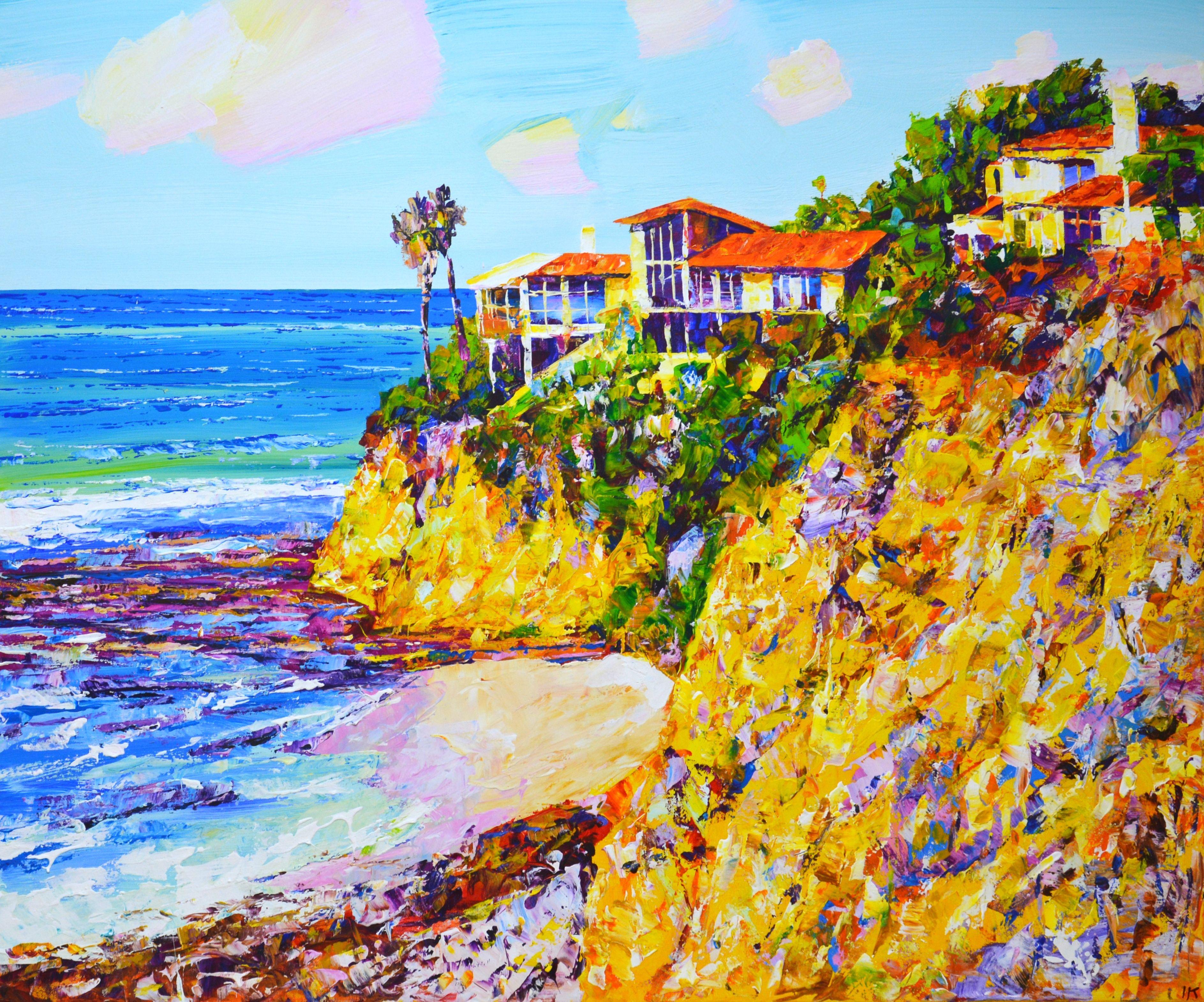 California 6. Summer landscape: ocean, waves, sunny beach, palm trees, houses, sunny day, romance, impressionism, realism, water, painting, sea foam, sea wave, beach, sea travel, sky, California sunny coast create an atmosphere of relaxation. He