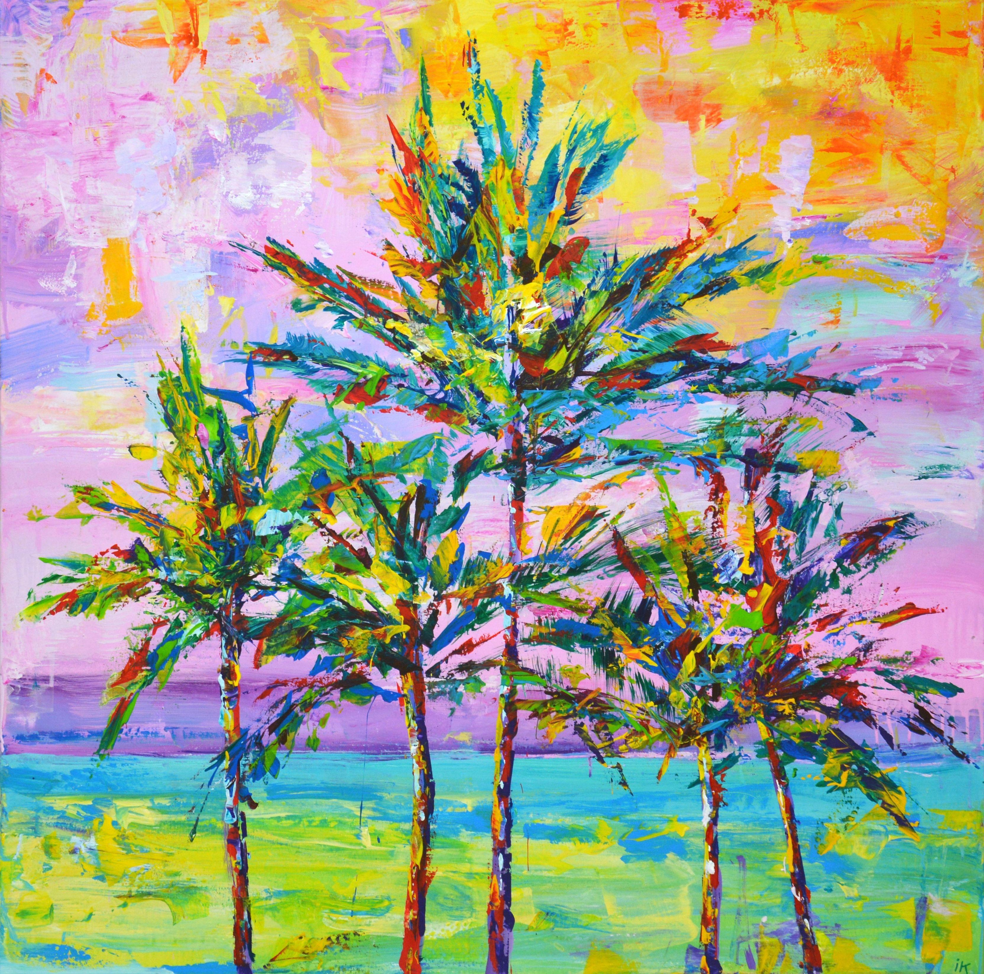 California palms 2. Expressive palms on an abstract background. Modern. Light tones of yellow, pink, purple, green are vigorously mixed on the palette, scattered on the canvas with a spatula and a brush. Painting is a way to show the wonders of