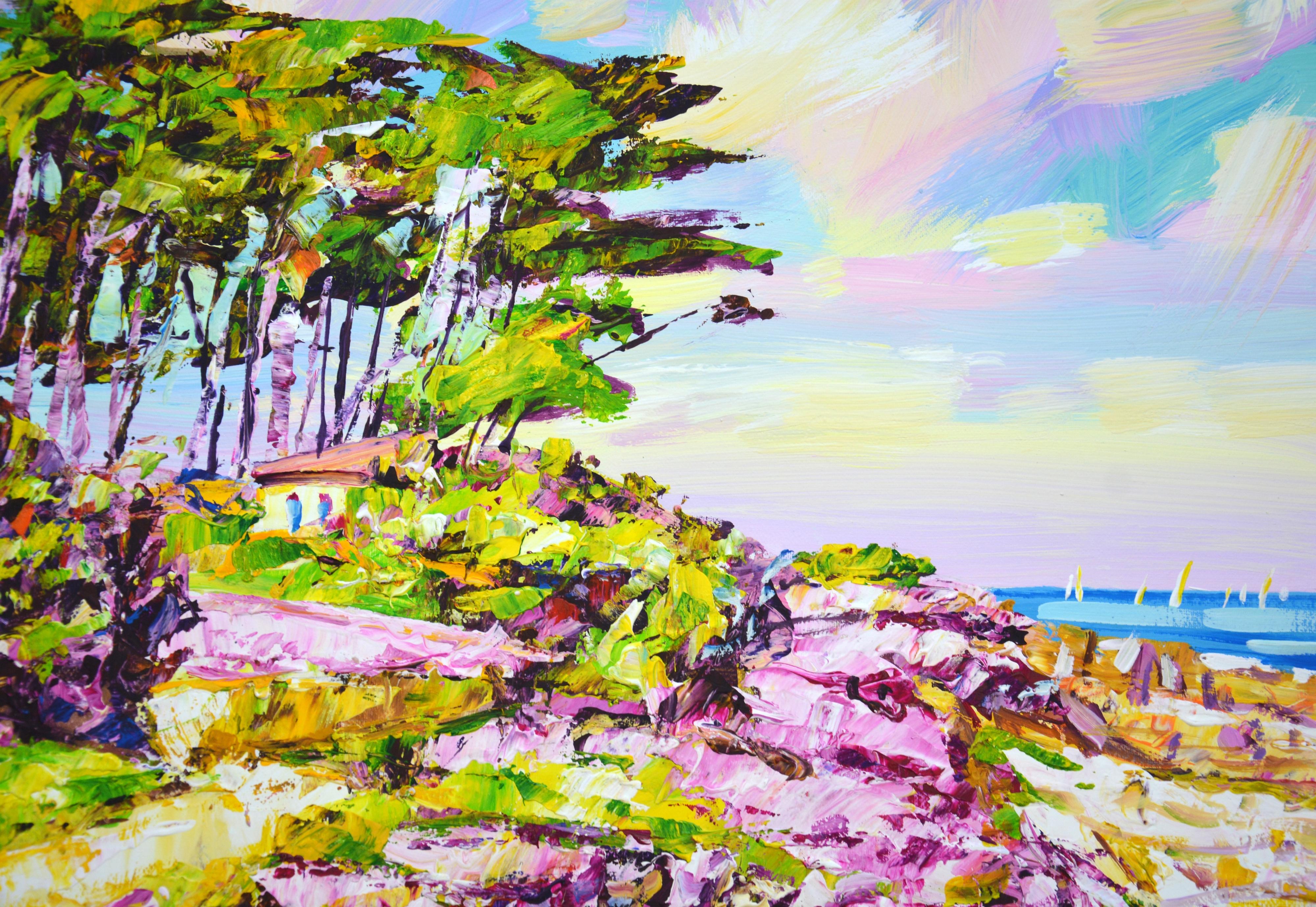 California. Campo rosa - Paisaje acrílico vibrante (60x80 cm) - Interior Painting Beige de Iryna Kastsova
