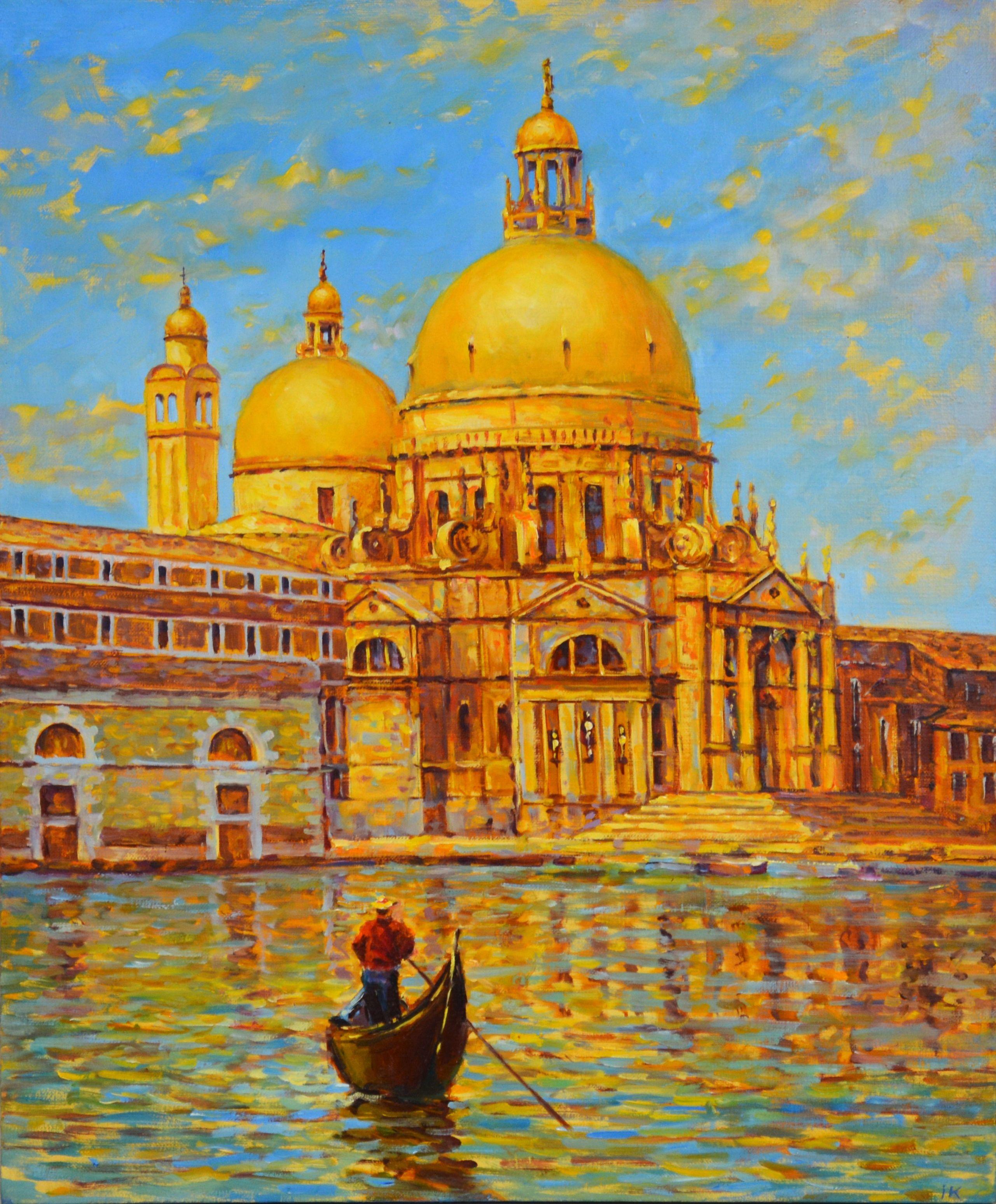 Venetian landscape in the style of expressionism. Cathedral of Santa Maria Della Salute, sea, gandolier. Venice is considered one of the most unusual and beautiful cities in the world. This is a fabulous city on the water, where you can ride a