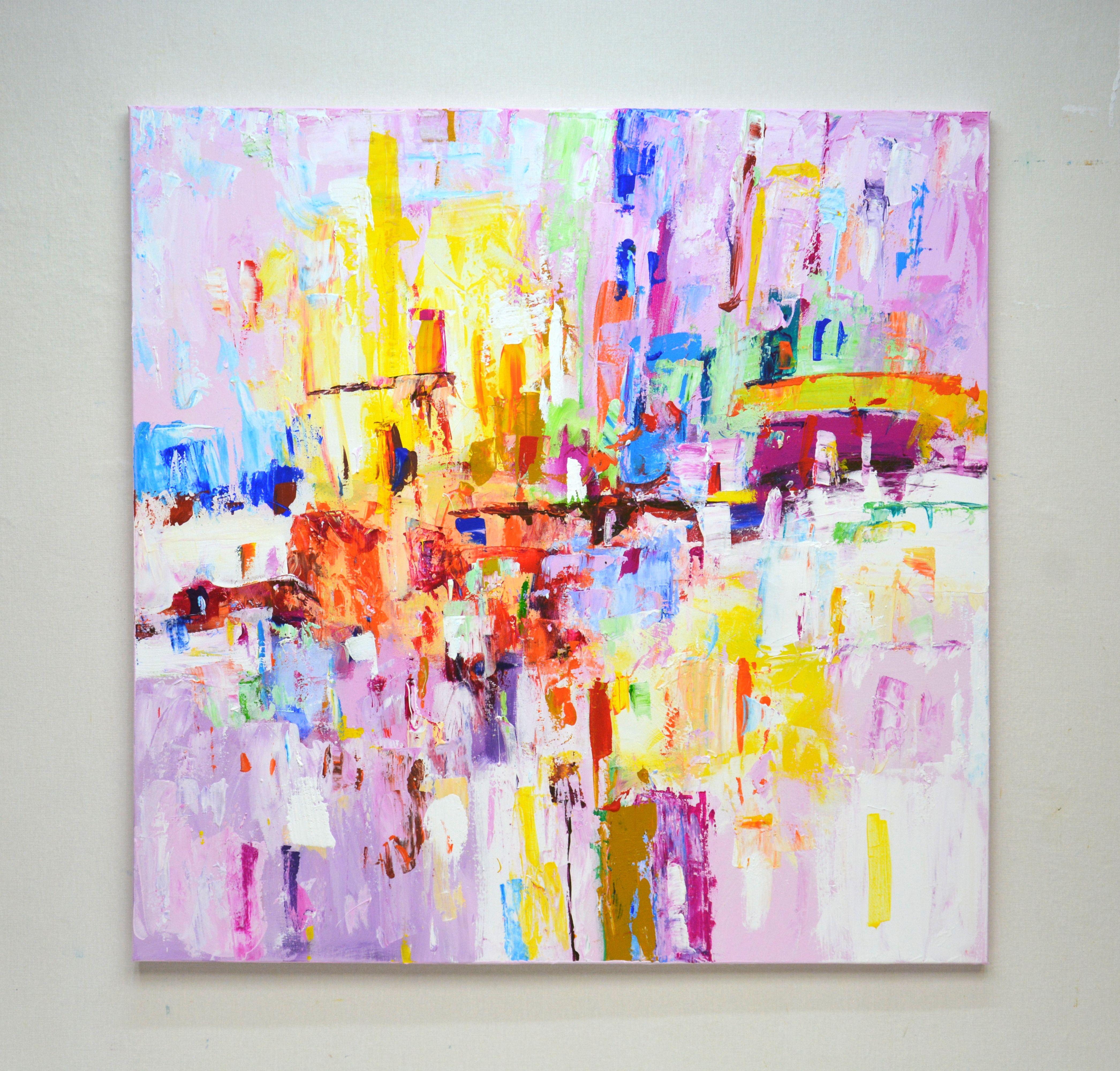 City of joy. This original abstract acrylic painting will highlight your interior. The product has a modern aesthetic design and is filled with positive energy. Colors overlap and overlap each other, and also stand out with subtle and vibrant color